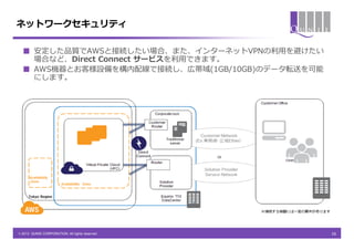 ネットワークセキュリティ

  ■ 安定した品質でAWSと接続したい場合、また、インターネットVPNの利用を避けたい
    場合など、Direct Connect サービスを利用できます。
  ■ AWS機器とお客様設備を構内配線で接続し、広帯域(1GB/10GB)のデータ転送を可能
    にします。




© 2013 QUNIE CORPORATION. All rights reserved.    16
 