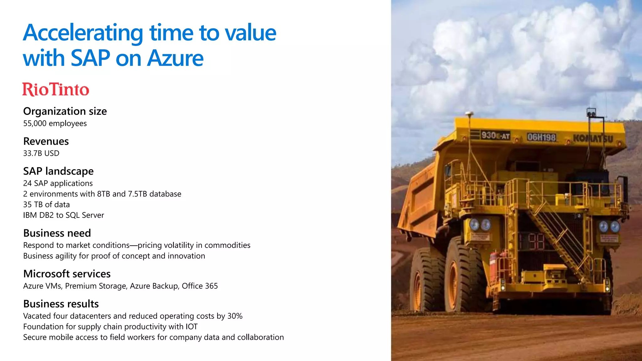 © Microsoft Corporation
Accelerating time to value
with SAP on Azure
Organization size
55,000 employees
Revenues
33.7B USD
SAP landscape
24 SAP applications
2 environments with 8TB and 7.5TB database
35 TB of data
IBM DB2 to SQL Server
Business need
Respond to market conditions—pricing volatility in commodities
Business agility for proof of concept and innovation
Microsoft services
Azure VMs, Premium Storage, Azure Backup, Office 365
Business results
Vacated four datacenters and reduced operating costs by 30%
Foundation for supply chain productivity with IOT
Secure mobile access to field workers for company data and collaboration
 