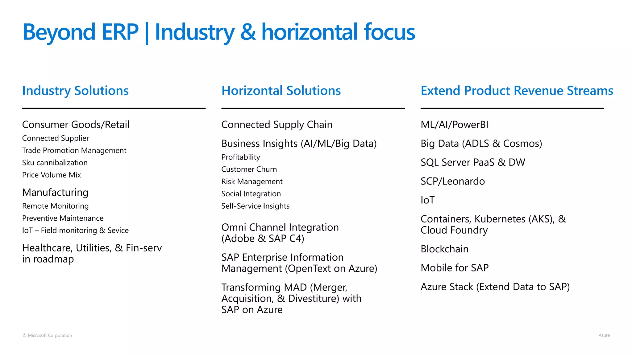 © Microsoft Corporation
Beyond ERP | Industry & horizontal focus
Industry Solutions Horizontal Solutions Extend Product Revenue Streams
Consumer Goods/Retail
Connected Supplier
Trade Promotion Management
Sku cannibalization
Price Volume Mix
Manufacturing
Remote Monitoring
Preventive Maintenance
IoT – Field monitoring & Sevice
Healthcare, Utilities, & Fin-serv
in roadmap
Connected Supply Chain
Business Insights (AI/ML/Big Data)
Profitability
Customer Churn
Risk Management
Social Integration
Self-Service Insights
Omni Channel Integration
(Adobe & SAP C4)
SAP Enterprise Information
Management (OpenText on Azure)
Transforming MAD (Merger,
Acquisition, & Divestiture) with
SAP on Azure
ML/AI/PowerBI
Big Data (ADLS & Cosmos)
SQL Server PaaS & DW
SCP/Leonardo
IoT
Containers, Kubernetes (AKS), &
Cloud Foundry
Blockchain
Mobile for SAP
Azure Stack (Extend Data to SAP)
 