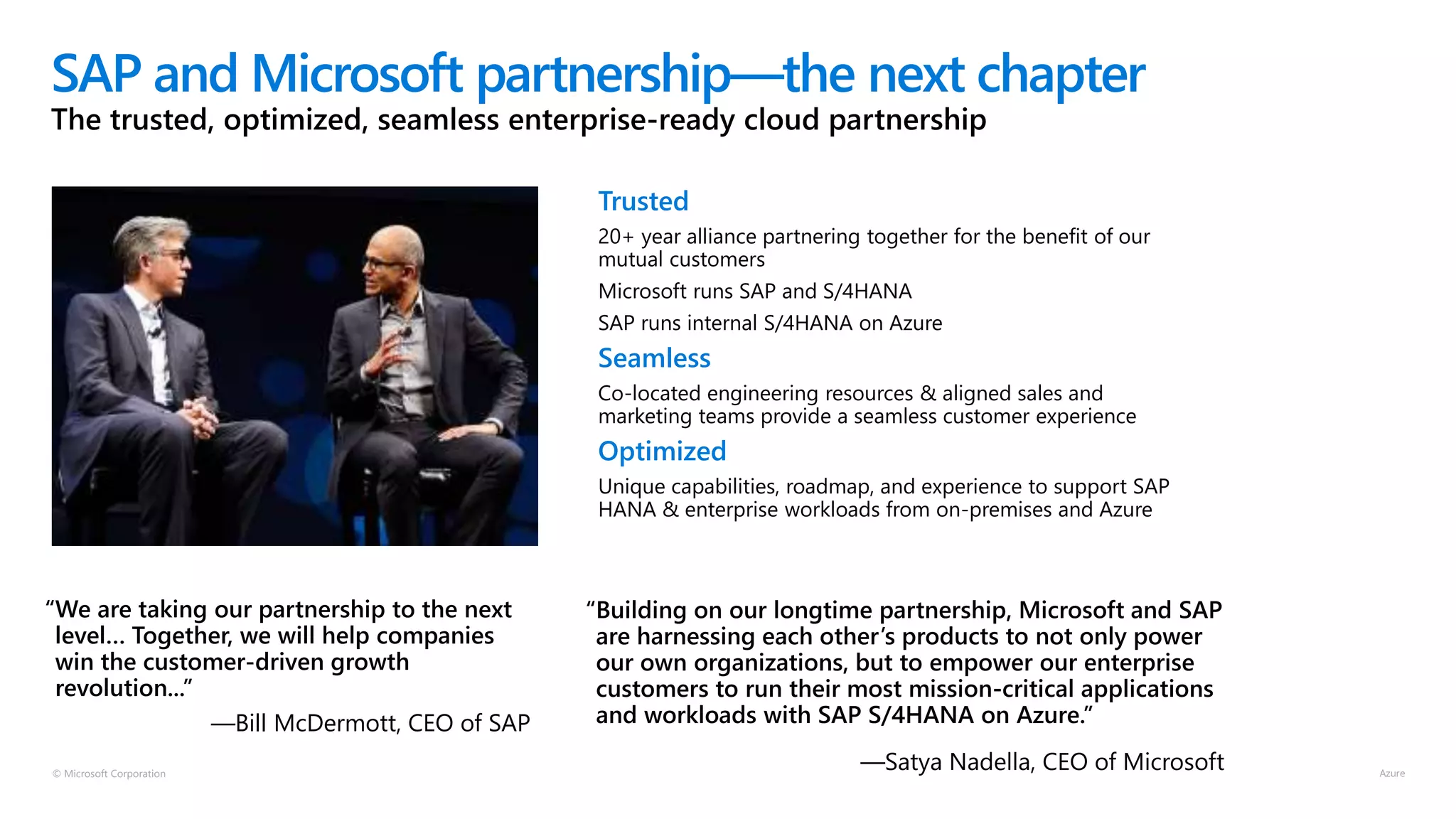 © Microsoft Corporation
SAP and Microsoft partnership—the next chapter
The trusted, optimized, seamless enterprise-ready cloud partnership
“We are taking our partnership to the next
level… Together, we will help companies
win the customer-driven growth
revolution...”
—Bill McDermott, CEO of SAP
Trusted
20+ year alliance partnering together for the benefit of our
mutual customers
Microsoft runs SAP and S/4HANA
SAP runs internal S/4HANA on Azure
Seamless
Co-located engineering resources & aligned sales and
marketing teams provide a seamless customer experience
Optimized
Unique capabilities, roadmap, and experience to support SAP
HANA & enterprise workloads from on-premises and Azure
 