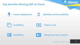 Key benefits Moving SAP to Cloud
12
Faster deployment
Scalability
Reliability Bring Your Own License
Reduce cost
Mobility and Accessibility
 