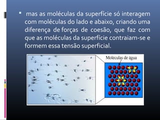  mas as moléculas da superfície só interagem
com moléculas do lado e abaixo, criando uma
diferença de forças de coesão, que faz com
que as moléculas da superfície contraiam-se e
formem essa tensão superficial.
 