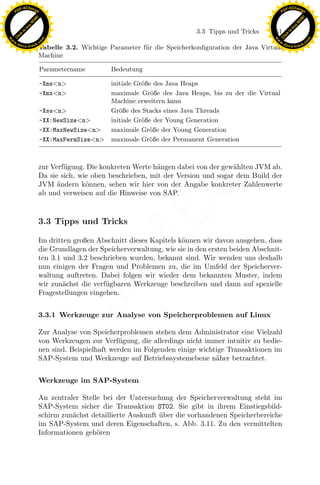 F -X C h a n ge                                                                                           F -X C h a n ge
    PD                                                                                                         PD




                          !




                                                                                                                                    !
                        W




                                                                                                                                  W
                      O




                                                                                                                                O
                     N




                                                                                                                               N
                   y




                                                                                                                             y
                bu




                                                                                                                          bu
                                                                                 3.3 Tipps und Tricks    151
              to




                                                                                                                        to
          k




                                                                                                                    k
        lic




                                                                                                                  lic
    C




                                                                                                               C
w




                                                                                                          w
                                m




                                                                                                                                          m
    w                                                                                                         w
w




                                                                                                           w
                               o




                                                                                                                                         o
        .d o                   .c                                                                                 .d o                   .c
               c u -tr a c k                                                                                             c u -tr a c k
                               Tabelle 3.2. Wichtige Parameter f¨ r die Speicherkonﬁguration der Java Virtual
                                                                u
                               Machine

                               Parametername          Bedeutung

                               -Xms<n>                initiale Gr¨ße des Java Heaps
                                                                 o
                               -Xmx<n>                maximale Gr¨ße des Java Heaps, bis zu der die Virtual
                                                                    o
                                                      Machine erweitern kann
                               -Xss<n>                Gr¨ße des Stacks eines Java Threads
                                                         o
                               -XX:NewSize<n>         initiale Gr¨ße der Young Generation
                                                                 o
                               -XX:MaxNewSize<n>      maximale Gr¨ße der Young Generation
                                                                   o
                               -XX:MaxPermSize<n>     maximale Gr¨ße der Permanent Generation
                                                                   o



                               zur Verf¨gung. Die konkreten Werte h¨ngen dabei von der gew¨hlten JVM ab.
                                       u                           a                       a
                               Da sie sich, wie oben beschrieben, mit der Version und sogar dem Build der
                               JVM andern k¨nnen, sehen wir hier von der Angabe konkreter Zahlenwerte
                                     ¨        o
                               ab und verweisen auf die Hinweise von SAP.

                                                                x
                                                             Le
                               3.3 Tipps und Tricks

                               Im dritten großen Abschnitt dieses Kapitels k¨nnen wir davon ausgehen, dass
                                                                            o
                                                 pp

                               die Grundlagen der Speicherverwaltung, wie sie in den ersten beiden Abschnit-
                               ten 3.1 und 3.2 beschrieben wurden, bekannt sind. Wir wenden uns deshalb
                               nun einigen der Fragen und Problemen zu, die im Umfeld der Speicherver-
                               waltung auftreten. Dabei folgen wir wieder dem bekannten Muster, indem
                               wir zun¨chst die verf¨gbaren Werkzeuge beschreiben und dann auf spezielle
                                       a            u
                                       sU


                               Fragestellungen eingehen.


                               3.3.1 Werkzeuge zur Analyse von Speicherproblemen auf Linux

                               Zur Analyse von Speicherproblemen stehen dem Administrator eine Vielzahl
                               von Werkzeugen zur Verf¨gung, die allerdings nicht immer intuitiv zu bedie-
                                                        u
                               nen sind. Beispielhaft werden im Folgenden einige wichtige Transaktionen im
                               SAP-System und Werkzeuge auf Betriebssystemebene n¨her betrachtet.
                                                                                      a


                               Werkzeuge im SAP-System

                               An zentraler Stelle bei der Untersuchung der Speicherverwaltung steht im
                               SAP-System sicher die Transaktion ST02. Sie gibt in ihrem Einstiegsbild-
                               schirm zun¨chst detaillierte Auskunft uber die vorhandenen Speicherbereiche
                                         a                           ¨
                               im SAP-System und deren Eigenschaften, s. Abb. 3.11. Zu den vermittelten
                               Informationen geh¨ren
                                                 o
 