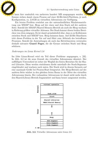 F -X C h a n ge                                                                                              F -X C h a n ge
    PD                                                                                                            PD




                          !




                                                                                                                                       !
                        W




                                                                                                                                     W
                      O




                                                                                                                                   O
                     N




                                                                                                                                  N
                   y




                                                                                                                                y
                bu




                                                                                                                             bu
                                                                     3.1 Speicherverwaltung unter Linux     117
              to




                                                                                                                           to
          k




                                                                                                                       k
        lic




                                                                                                                     lic
    C




                                                                                                                  C
w




                                                                                                             w
                                m




                                                                                                                                             m
    w                                                                                                            w
w




                                                                                                              w
                               o




                                                                                                                                            o
        .d o                   .c                                                                                    .d o                   .c
               c u -tr a c k                                                                                                c u -tr a c k
                               es kann hier zus¨tzlich von mehreren hundert MB ausgegangen werden. In
                                                a
                               Summe stehen damit einem Prozess auf einer 32-Bit-Intel-Plattform, je nach
                               Konﬁguration, ca. 2,8 GB an virtuellem Adressraum zur Verf¨gung.
                                                                                              u
                                   Ein letztes Problem erw¨chst aus der unterschiedlichen Wachstumsrich-
                                                            a
                               tung von MMAP bzw. Heap auf der einen und dem Stack auf der anderen
                               Seite. Sowohl der MMAP/Shared Memory-Bereich als auch der Heap wachsen
                               in Richtung gr¨ßere virtueller Adressen. Der Stack kommt diesen beiden Berei-
                                              o
                               chen von oben entgegen. Es ist damit grunds¨tzlich klar, dass es zu Kollisionen
                                                                            a
                               zwischen Stack und MMAP bzw. Heap kommen kann. Auf 32-Bit-Maschinen
                               tritt dieses Problem in der Tat auf und f¨hrt zum Abbruch des betroﬀenen
                                                                         u
                               Prozesses. Sowohl die Anwendungen als auch das Betriebssystem verwenden
                               deshalb mitunter Guard Pages, die die Grenze zwischen Stack und Heap
                               sch¨tzen.
                                   u

                               ¨
                               Anderungen im Linux Kernel 2.6

                               Im 2.6er Linux-Kernel wird ein Teil dieser Probleme angegangen, s. [33].
                               In Abb. 3.2 ist die neue Gestalt des virtuellen Adressraums skizziert. Der
                                   a
                                                                 x
                               auﬀ¨lligste Unterschied ist sicher der Wegfall des festen Bereiches f¨ r die Sha-
                                                                                                    u
                               red Libraries. Diese werden stattdessen direkt unterhalb des Stack-Segments
                                                              Le
                               eingeblendet und wachsen nach unten. Der Stack wird in diesem Szenario auf
                               eine maximale Gr¨ße bei Prozess-Start festgesetzt. Der Heap-Bereich auf der
                                                 o
                               anderen Seite w¨chst in den gleichen freien Raum in der Mitte des virtuellen
                                               a
                               Adressraums hinein. Der vorhandene Adressraum ist damit nicht mehr durch
                                                  pp

                               den Shared-Library-Bereich fragmentiert und kann besser ausgenutzt werden.
                                       sU




                                               Abb. 3.2. Virtueller Adressraum unter Linux 2.6
 