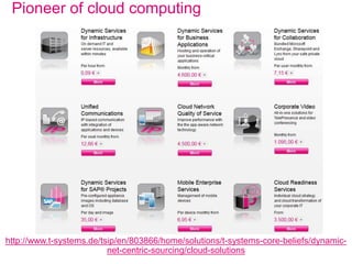 Pioneer of cloud computing
http://www.t-systems.de/tsip/en/803866/home/solutions/t-systems-core-beliefs/dynamic-
net-centric-sourcing/cloud-solutions
 