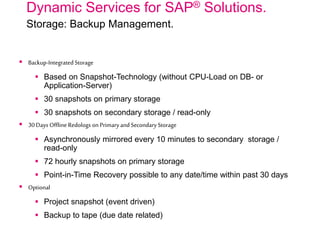 Dynamic Services for SAP® Solutions.
Storage: Backup Management.
 Backup-IntegratedStorage
 Based on Snapshot-Technology (without CPU-Load on DB- or
Application-Server)
 30 snapshots on primary storage
 30 snapshots on secondary storage / read-only
 30Days Offline Redologs on Primaryand SecondaryStorage
 Asynchronously mirrored every 10 minutes to secondary storage /
read-only
 72 hourly snapshots on primary storage
 Point-in-Time Recovery possible to any date/time within past 30 days
 Optional
 Project snapshot (event driven)
 Backup to tape (due date related)
 