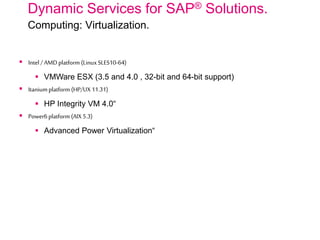 Dynamic Services for SAP® Solutions.
Computing: Virtualization.
 Intel / AMD platform (LinuxSLES10-64)
 VMWare ESX (3.5 and 4.0 , 32-bit and 64-bit support)
 Itaniumplatform (HP/UX 11.31)
 HP Integrity VM 4.0“
 Power6 platform (AIX 5.3)
 Advanced Power Virtualization“
 