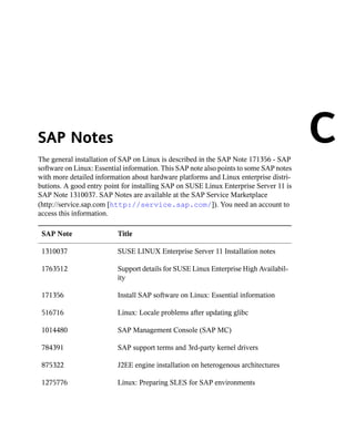 SAP Notes
The general installation of SAP on Linux is described in the SAP Note 171356 - SAP
                                                                                        C
software on Linux: Essential information. This SAP note also points to some SAP notes
with more detailed information about hardware platforms and Linux enterprise distri-
butions. A good entry point for installing SAP on SUSE Linux Enterprise Server 11 is
SAP Note 1310037. SAP Notes are available at the SAP Service Marketplace
(http://service.sap.com [http://service.sap.com/]). You need an account to
access this information.

 SAP Note                 Title

 1310037                  SUSE LINUX Enterprise Server 11 Installation notes

 1763512                  Support details for SUSE Linux Enterprise High Availabil-
                          ity

 171356                   Install SAP software on Linux: Essential information

 516716                   Linux: Locale problems after updating glibc

 1014480                  SAP Management Console (SAP MC)

 784391                   SAP support terms and 3rd-party kernel drivers

 875322                   J2EE engine installation on heterogenous architectures

 1275776                  Linux: Preparing SLES for SAP environments
 