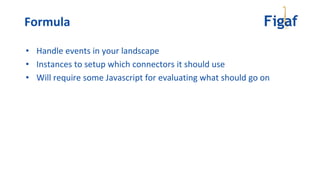 • Handle events in your landscape
• Instances to setup which connectors it should use
• Will require some Javascript for evaluating what should go on
Formula
 