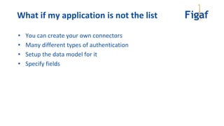 • You can create your own connectors
• Many different types of authentication
• Setup the data model for it
• Specify fields
What if my application is not the list
 