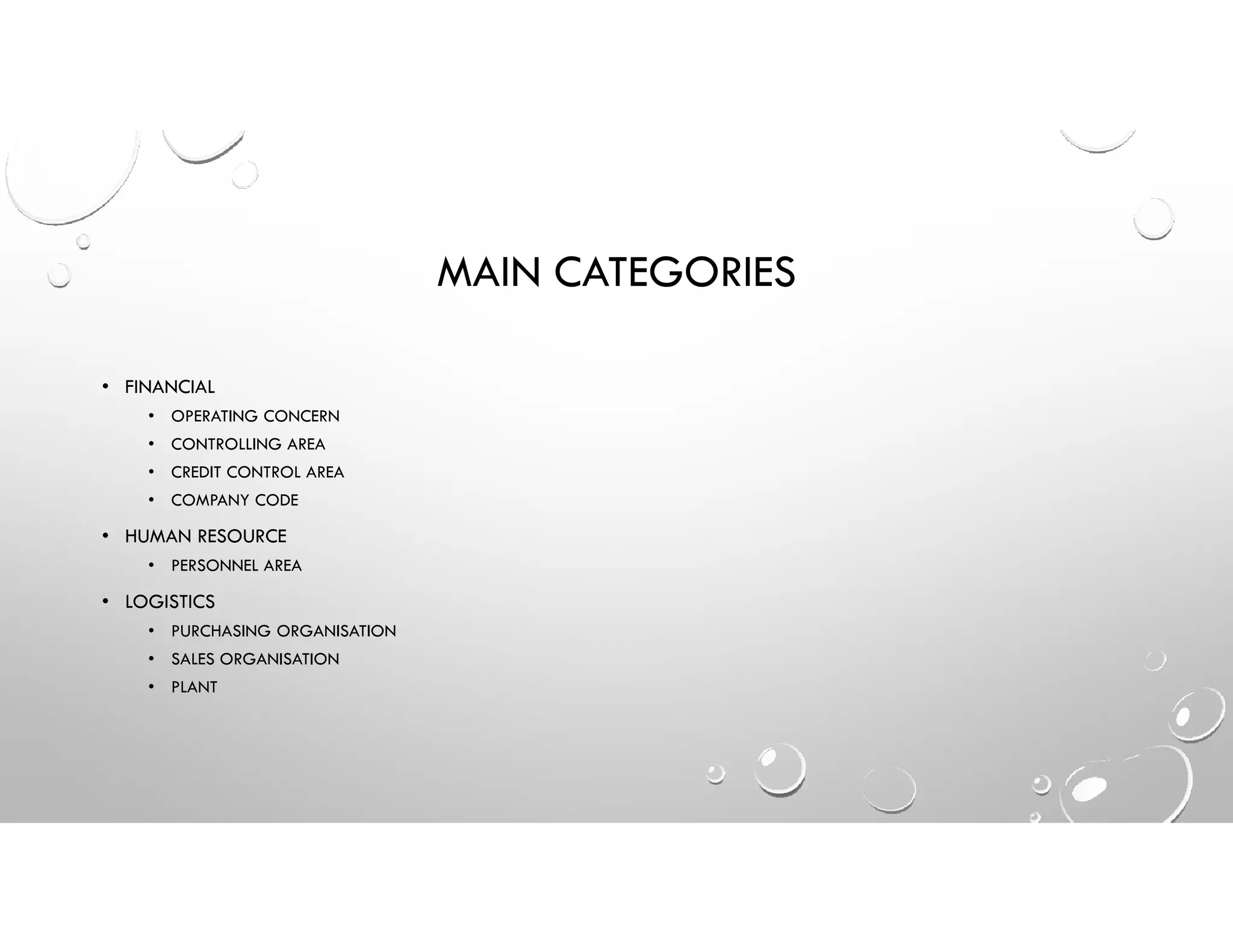 MAIN CATEGORIES
• FINANCIAL
• OPERATING CONCERN
• CONTROLLING AREA
• CREDIT CONTROL AREA
• COMPANY CODE
• HUMAN RESOURCE
• PERSONNEL AREA
• LOGISTICS
• PURCHASING ORGANISATION
• SALES ORGANISATION
• PLANT
 