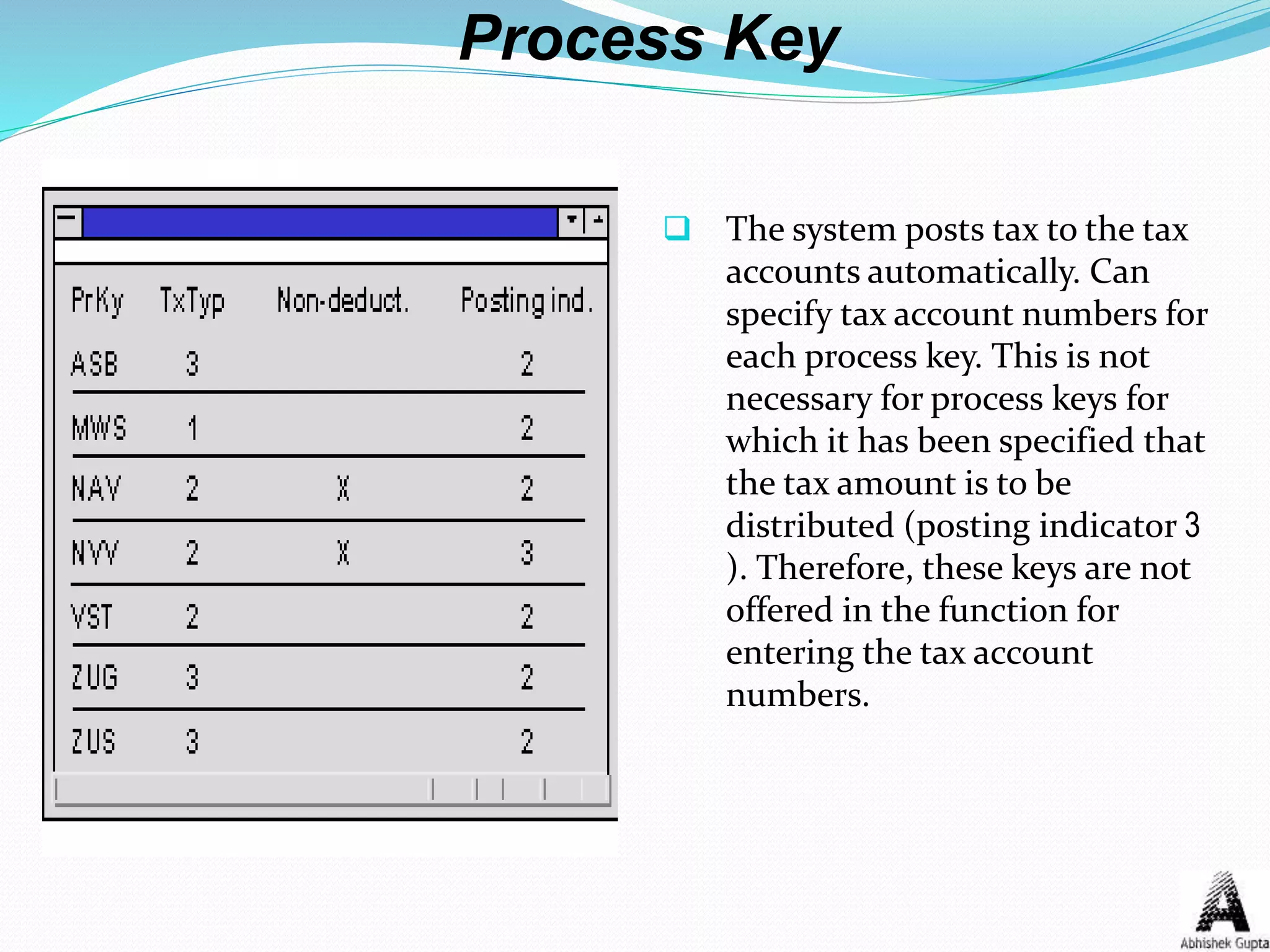 Process Key
 The system posts tax to the tax
accounts automatically. Can
specify tax account numbers for
each process key. This is not
necessary for process keys for
which it has been specified that
the tax amount is to be
distributed (posting indicator 3
). Therefore, these keys are not
offered in the function for
entering the tax account
numbers.
 