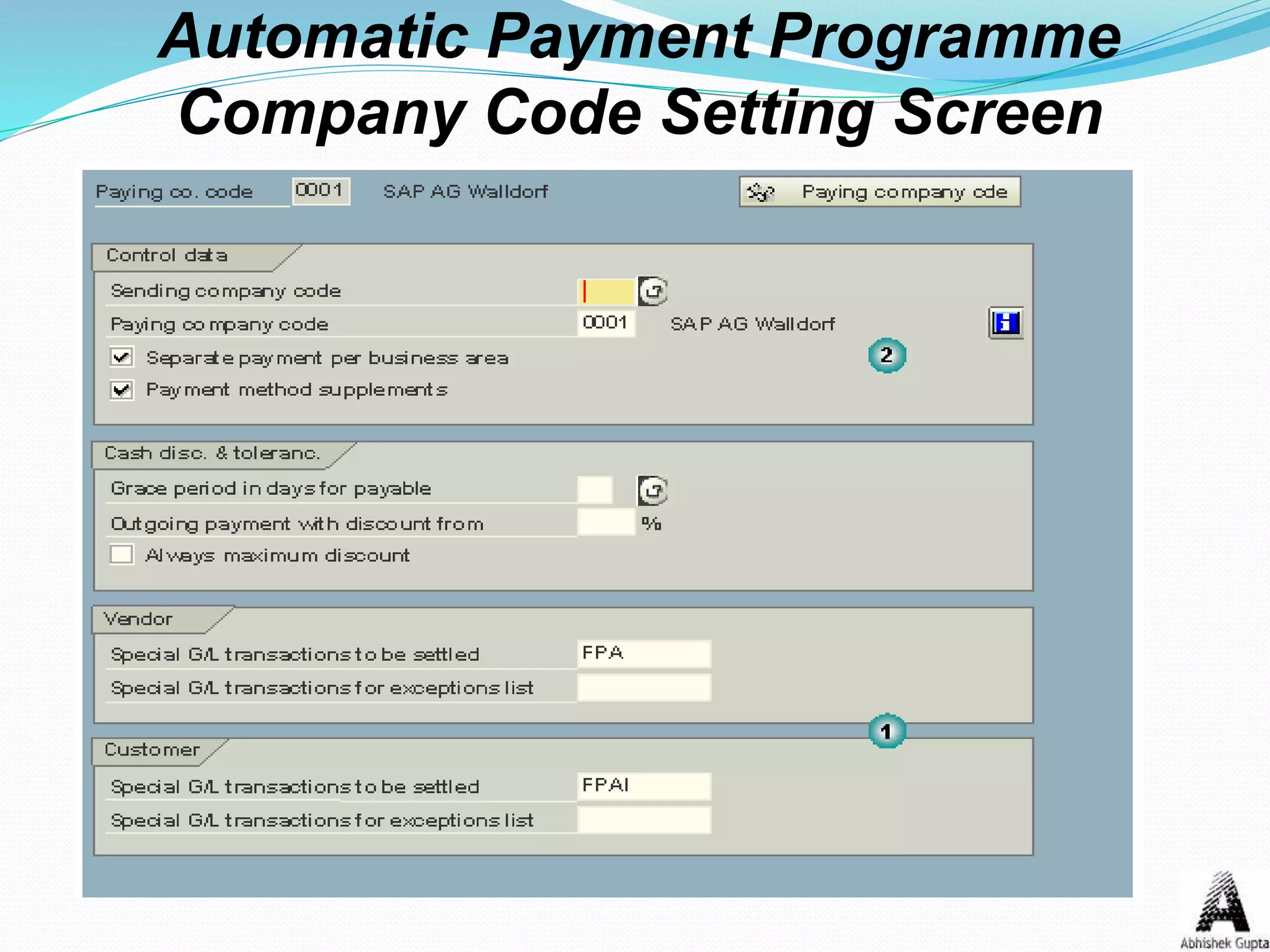 Automatic Payment Programme
Company Code Setting Screen
 