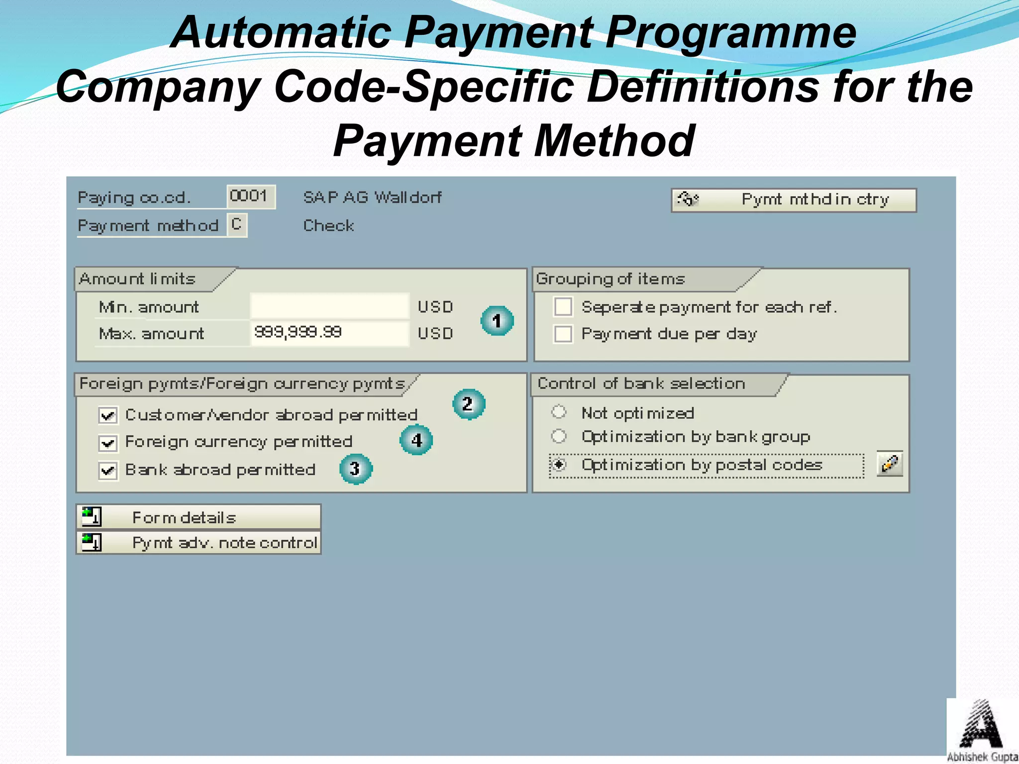 Automatic Payment Programme
Company Code-Specific Definitions for the
Payment Method
 