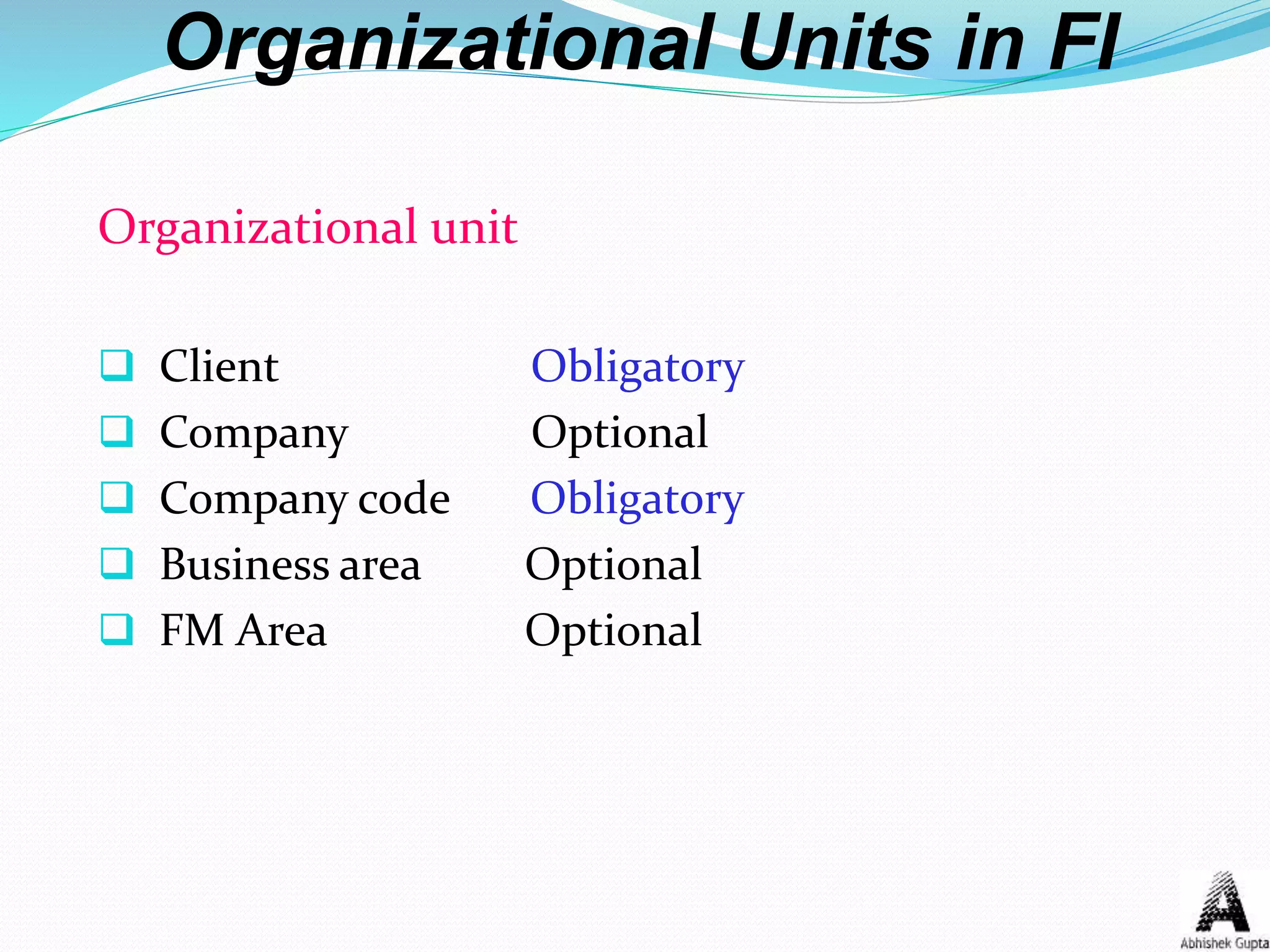 Organizational Units in FI
Organizational unit
 Client Obligatory
 Company Optional
 Company code Obligatory
 Business area Optional
 FM Area Optional
 