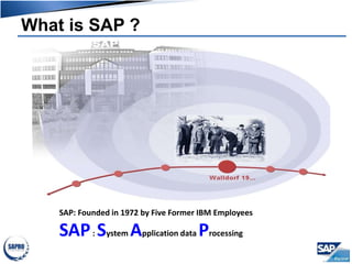 What is SAP ?
SAP: Founded in 1972 by Five Former IBM Employees
SAP: System Application data Processing
 