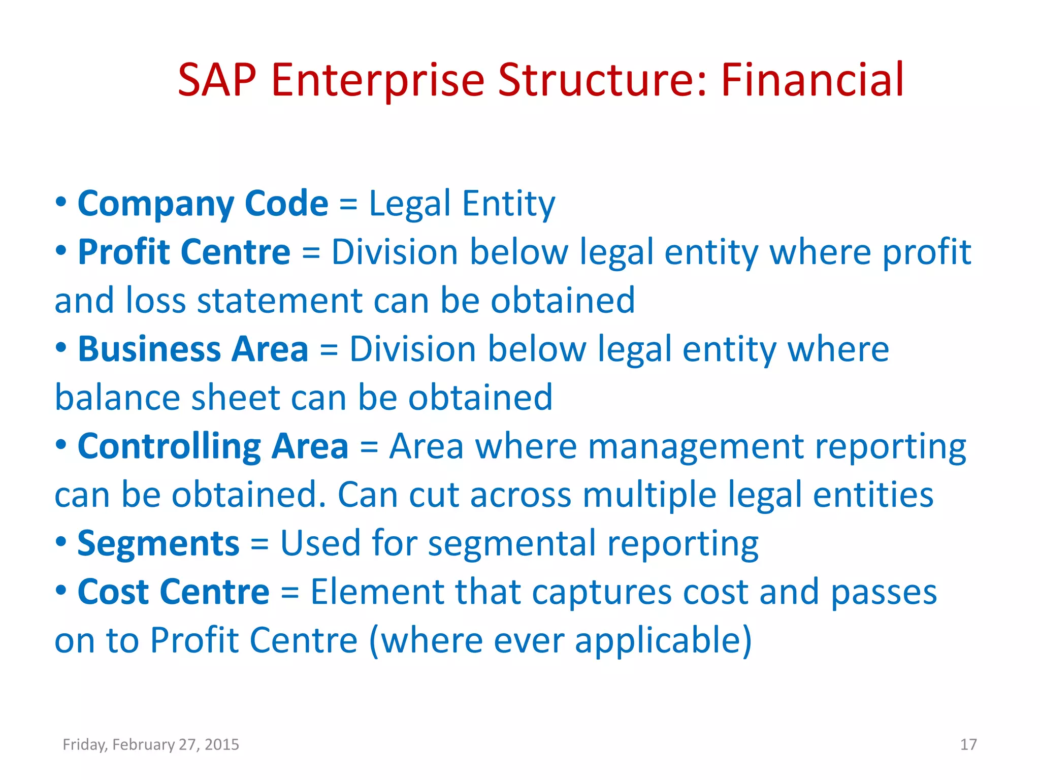SAP Enterprise Structure: Financial
Friday, February 27, 2015 17
• Company Code = Legal Entity
• Profit Centre = Division below legal entity where profit
and loss statement can be obtained
• Business Area = Division below legal entity where
balance sheet can be obtained
• Controlling Area = Area where management reporting
can be obtained. Can cut across multiple legal entities
• Segments = Used for segmental reporting
• Cost Centre = Element that captures cost and passes
on to Profit Centre (where ever applicable)
 