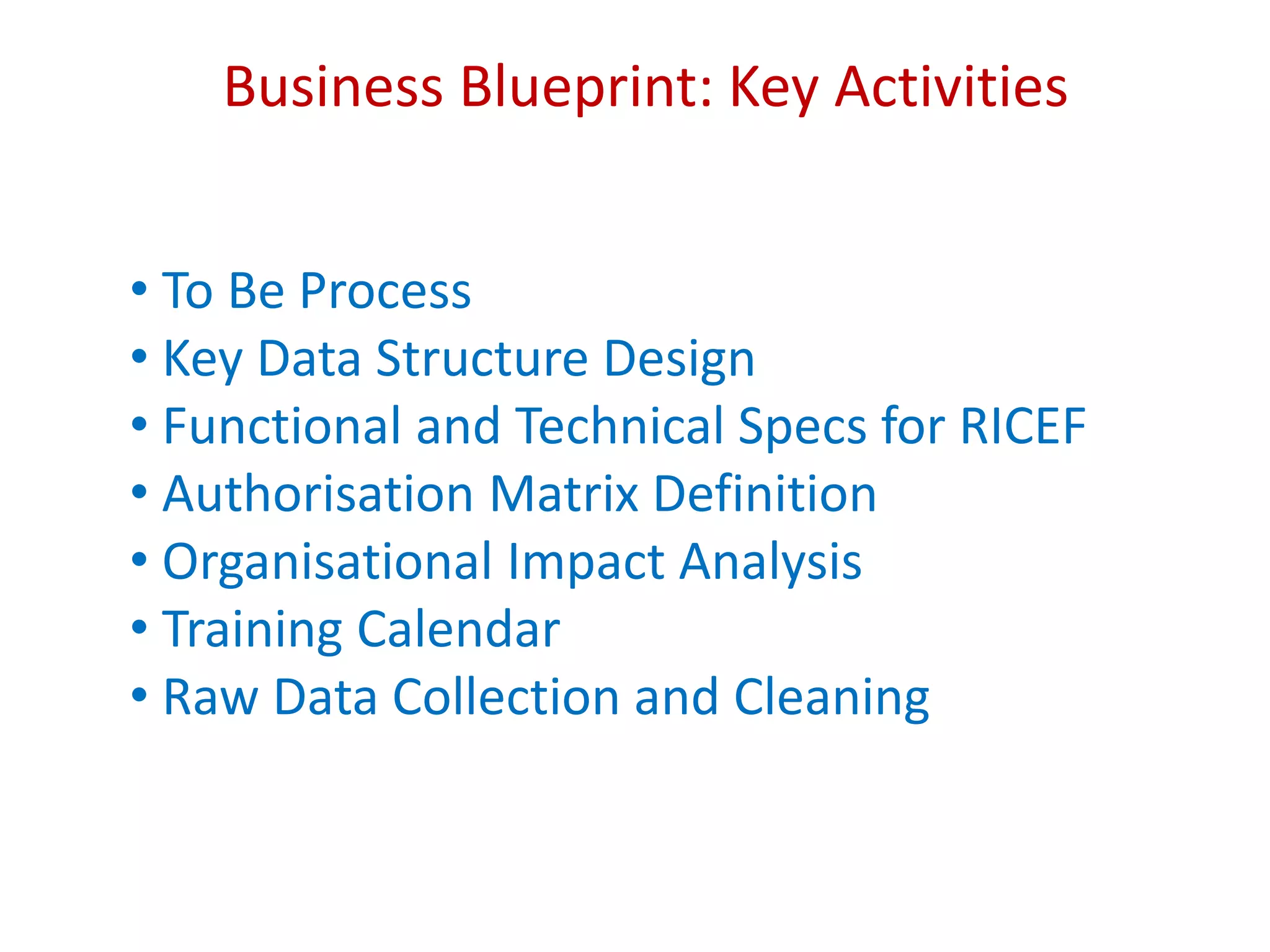 Business Blueprint: Key Activities
• To Be Process
• Key Data Structure Design
• Functional and Technical Specs for RICEF
• Authorisation Matrix Definition
• Organisational Impact Analysis
• Training Calendar
• Raw Data Collection and Cleaning
 