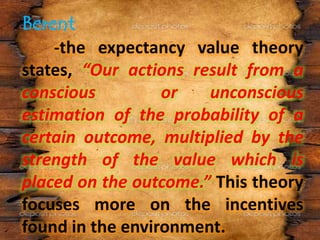 -the expectancy value theory
states, “Our actions result from a
conscious or unconscious
estimation of the probability of a
certain outcome, multiplied by the
strength of the value which is
placed on the outcome.” This theory
focuses more on the incentives
found in the environment.
 