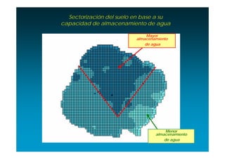 Sectorización del suelo en base a su
capacidad de almacenamiento de agua

                               Mayor
                          almacenamiento
                              de agua




                                       Menor
                                  almacenamiento
                                      de agua
 