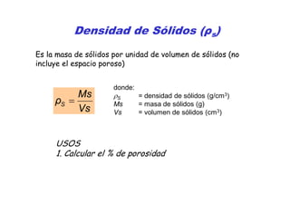 Densidad de Sólidos (ρs)
Es la masa de sólidos por unidad de volumen de sólidos (no
incluye el espacio poroso)


                      donde:
          Ms          S       = densidad de sólidos (g/cm3)
     ρS              Ms       = masa de sólidos (g)
          Vs          Vs       = volumen de sólidos (cm3)



     USOS
     1. Calcular el % de porosidad
 