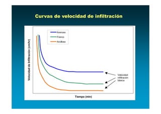 Curvas de velocidad de infiltración


                                            Arenoso
                                            Franco
Velocidad de Infiltración (cm/hr)



                                            Arcilloso




                                                                       Velocidad
                                                                       infiltración
                                                                       básica




                                                        Tiempo (min)
 