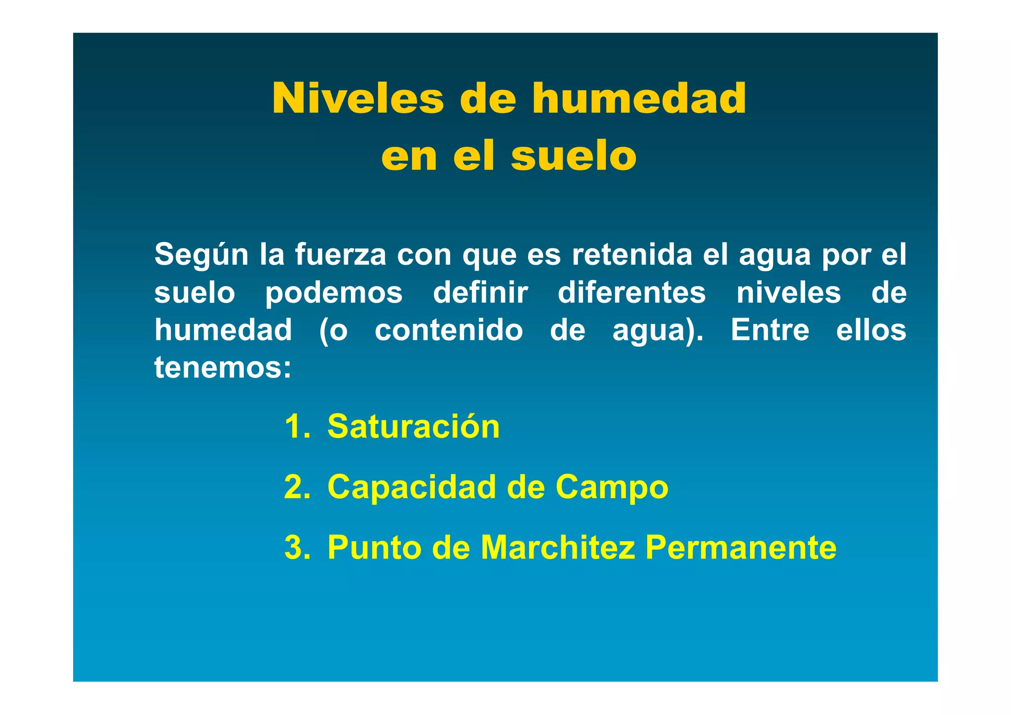 Niveles de humedad
           en el suelo

Según la fuerza con que es retenida el agua por el
suelo podemos definir diferentes niveles de
humedad (o contenido de agua). Entre ellos
tenemos:
        1. Saturación
        2. Capacidad de Campo
        3. Punto de Marchitez Permanente
 