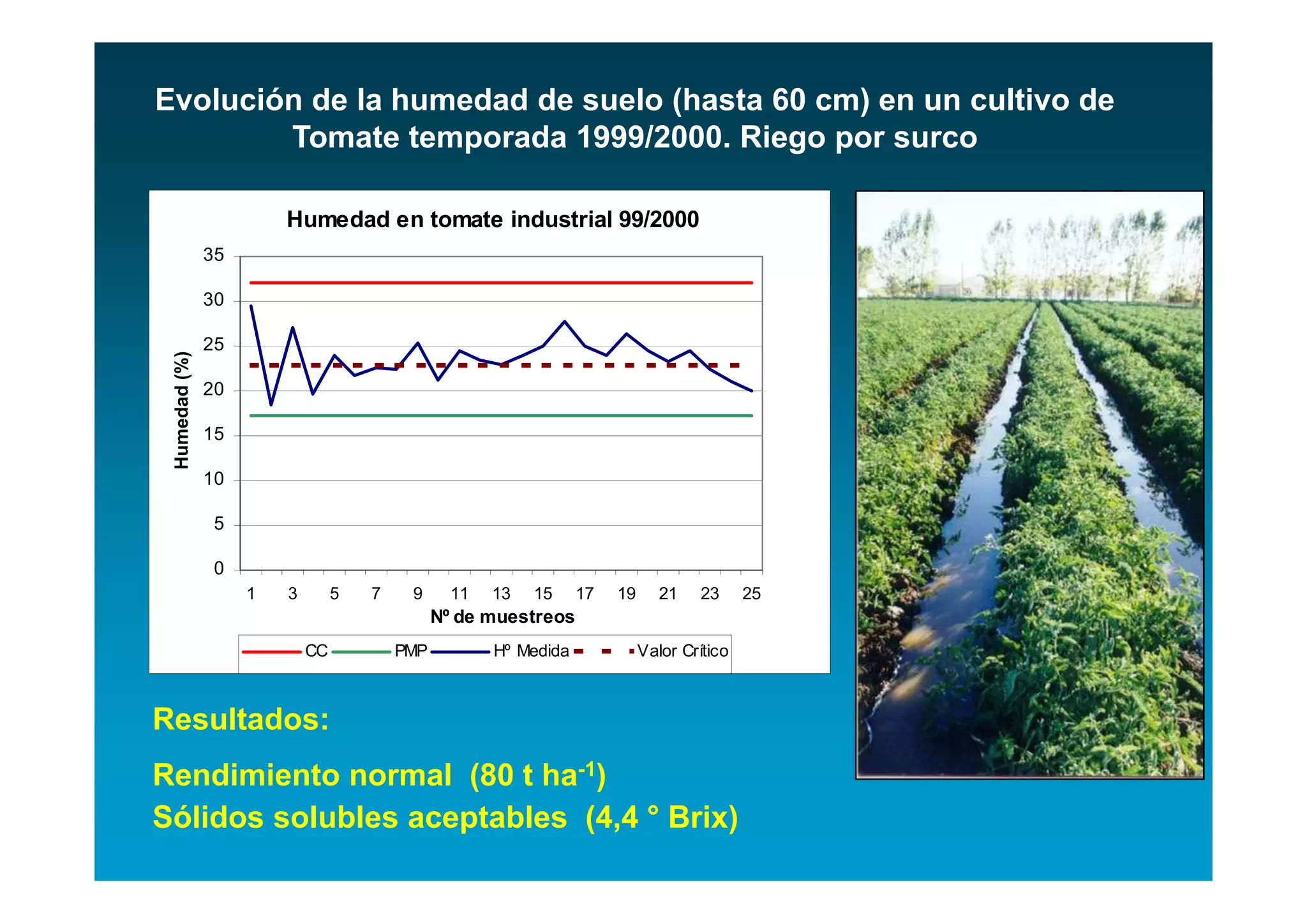 Evolución de la humedad de suelo (hasta 60 cm) en un cultivo de
        Tomate temporada 1999/2000. Riego por surco

                        Humedad en tomate industrial 99/2000
               35

               30

               25
 Humedad (%)




               20

               15

               10

                5

                0
                    1   3        5   7    9      11   13   15     17   19      21    23     25
                                               Nº de muestreos
                            CC           PMP          Hº Medida             Valor Crítico



Resultados:
Rendimiento normal (80 t ha-1)
Sólidos solubles aceptables (4,4 ° Brix)
 