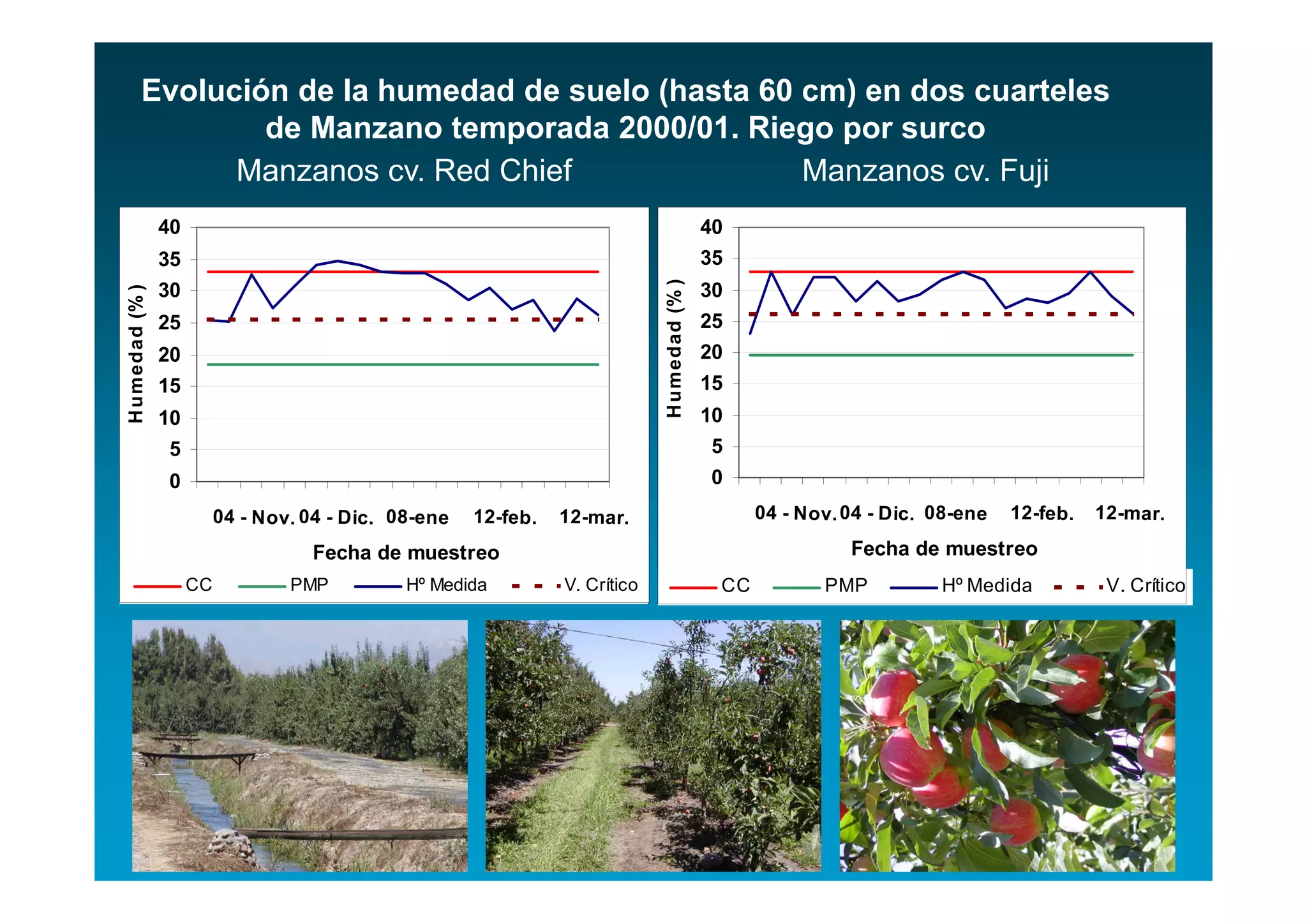 Evolución de la humedad de suelo (hasta 60 cm) en dos cuarteles
                 de Manzano temporada 2000/01. Riego por surco
               Manzanos cv. Red Chief               Manzanos cv. Fuji
                40                                                                             40
                35                                                                             35




                                                                               H umedad (% )
                30                                                                             30
H umedad (% )




                25                                                                             25
                20                                                                             20
                15                                                                             15
                10                                                                             10
                5                                                                              5
                0                                                                              0
                          04 - Nov. 04 - Dic. 08-en e   12-feb.   12-mar.                            04 - Nov. 04 - Dic. 08-en e   12-feb.   12-mar.

                                     Fecha de muestreo                                                          Fecha de muestreo
                     CC           PMP           Hº Medida         V. Crítico                    CC           PMP          Hº Medida           V. Crítico
 