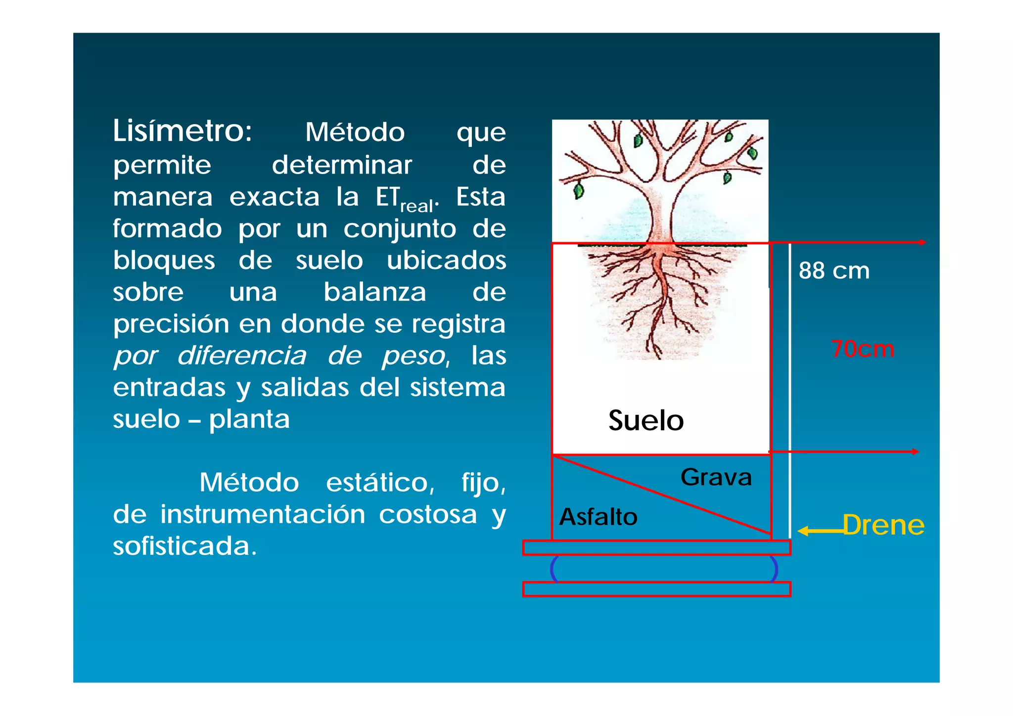 Lisímetro:     Método       que
permite      determinar      de
manera exacta la ETreal. Esta
formado por un conjunto de
bloques de suelo ubicados                               88 cm
sobre    una     balanza     de
precisión en donde se registra
por diferencia de peso, las                               70cm
entradas y salidas del sistema
suelo – planta                        Suelo

        Método estático, fijo,              Grava
de instrumentación costosa y      Asfalto                  Drene
sofisticada.
                                  (                 )
 