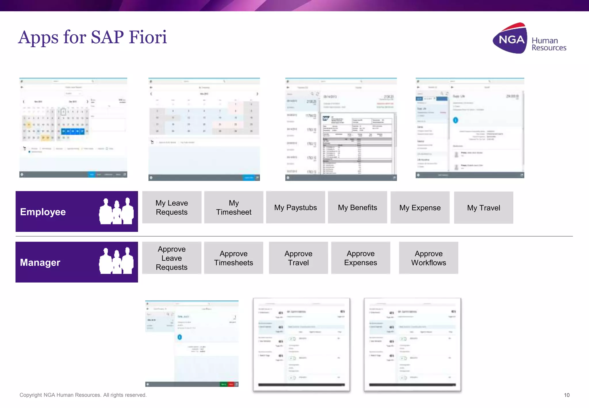 Apps for SAP Fiori 
Copyright NGA Human Resources. All rights reserved. 
10 
Employee 
My Leave 
Requests 
My 
Timesheet 
My Paystubs My Benefits 
Approve 
Leave 
Requests 
Approve 
Manager Timesheets 
My Expense My Travel 
Approve 
Travel 
Approve 
Expenses 
Approve 
Workflows 
 