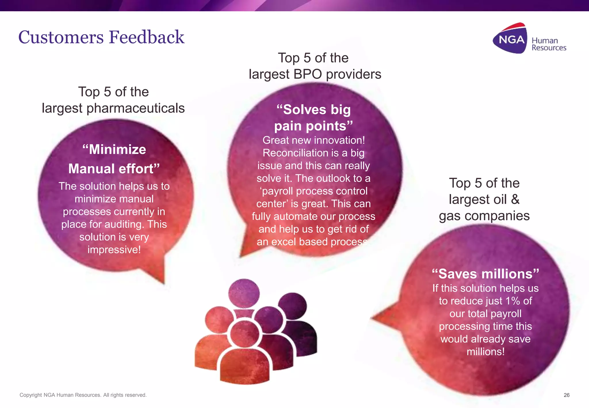 Customers Feedback 
Copyright NGA Human Resources. All rights reserved. 
26 
“Minimize 
Manual effort” 
The solution helps us to 
minimize manual 
processes currently in 
place for auditing. This 
solution is very 
impressive! 
“Solves big 
pain points” 
Great new innovation! 
Reconciliation is a big 
issue and this can really 
solve it. The outlook to a 
‘payroll process control 
center’ is great. This can 
fully automate our process 
and help us to get rid of 
an excel based process. 
“Saves millions” 
If this solution helps us 
to reduce just 1% of 
our total payroll 
processing time this 
would already save 
millions! 
Top 5 of the 
largest pharmaceuticals 
Top 5 of the 
largest BPO providers 
Top 5 of the 
largest oil & 
gas companies 
 