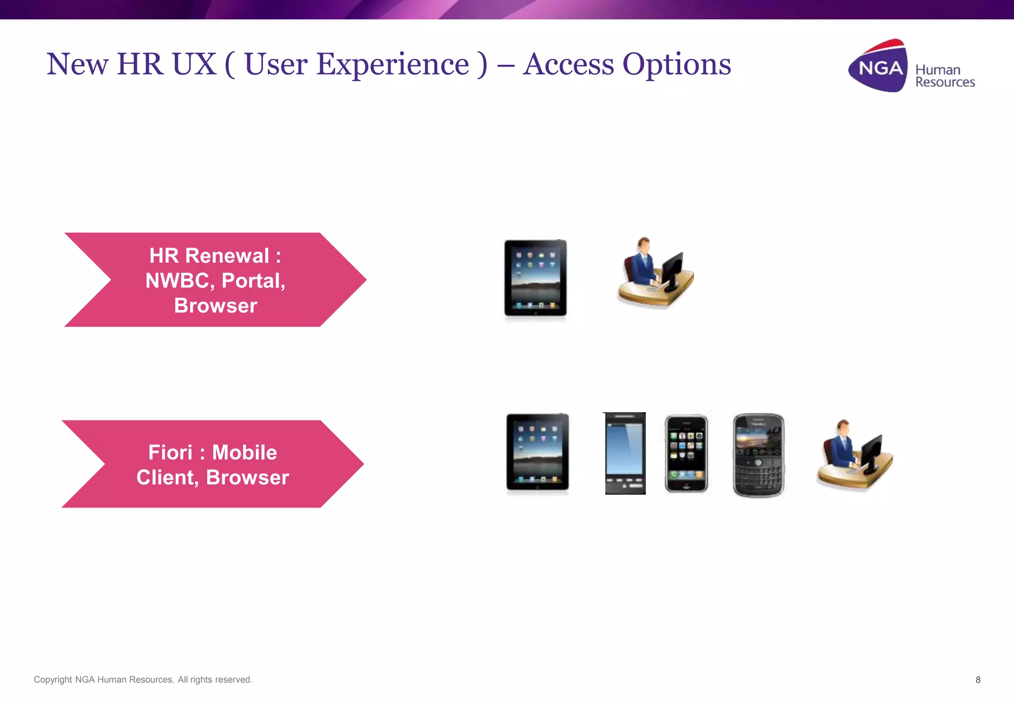 New HR UX ( User Experience ) – Access Options 
HR Renewal : 
NWBC, Portal, 
Browser 
Fiori : Mobile 
Client, Browser 
Copyright NGA Human Resources. All rights reserved. 8 
 