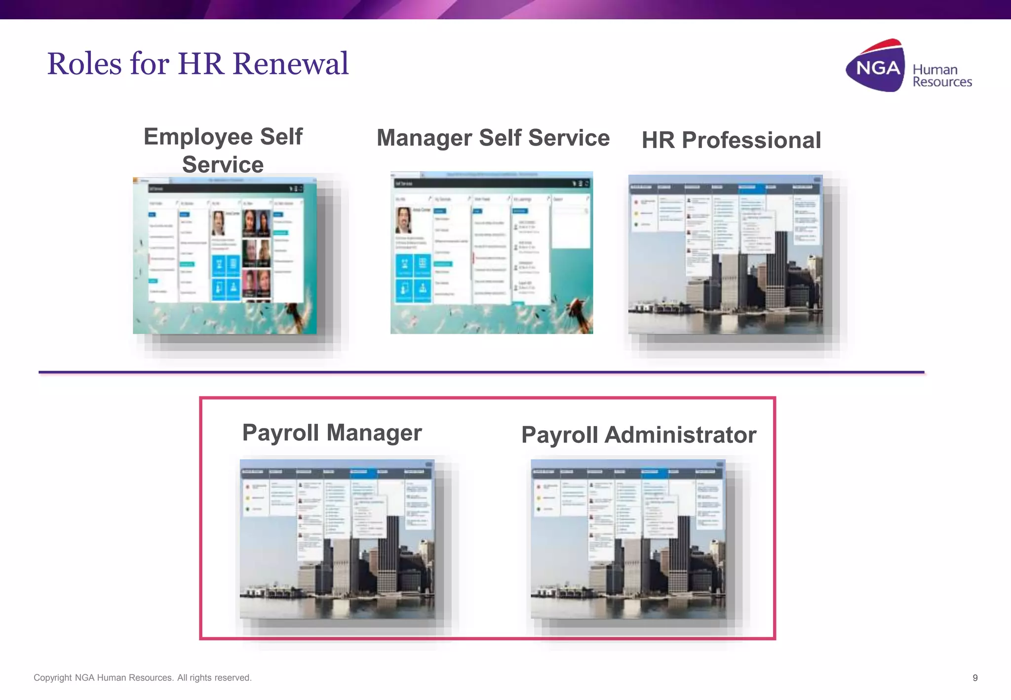Roles for HR Renewal 
Employee Self 
Service 
Manager Self Service HR Professional 
Payroll Manager Payroll Administrator 
Copyright NGA Human Resources. All rights reserved. 9 
 