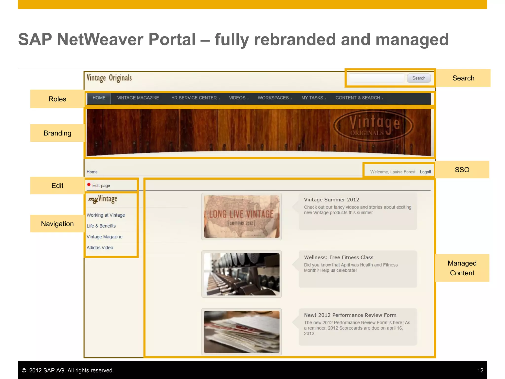 SAP NetWeaver Portal – fully rebranded and managed

                                                     Search

          Roles



        Branding




                                                     SSO

           Edit




       Navigation




                                                 Managed
                                                 Content




© 2012 SAP AG. All rights reserved.                           12
 