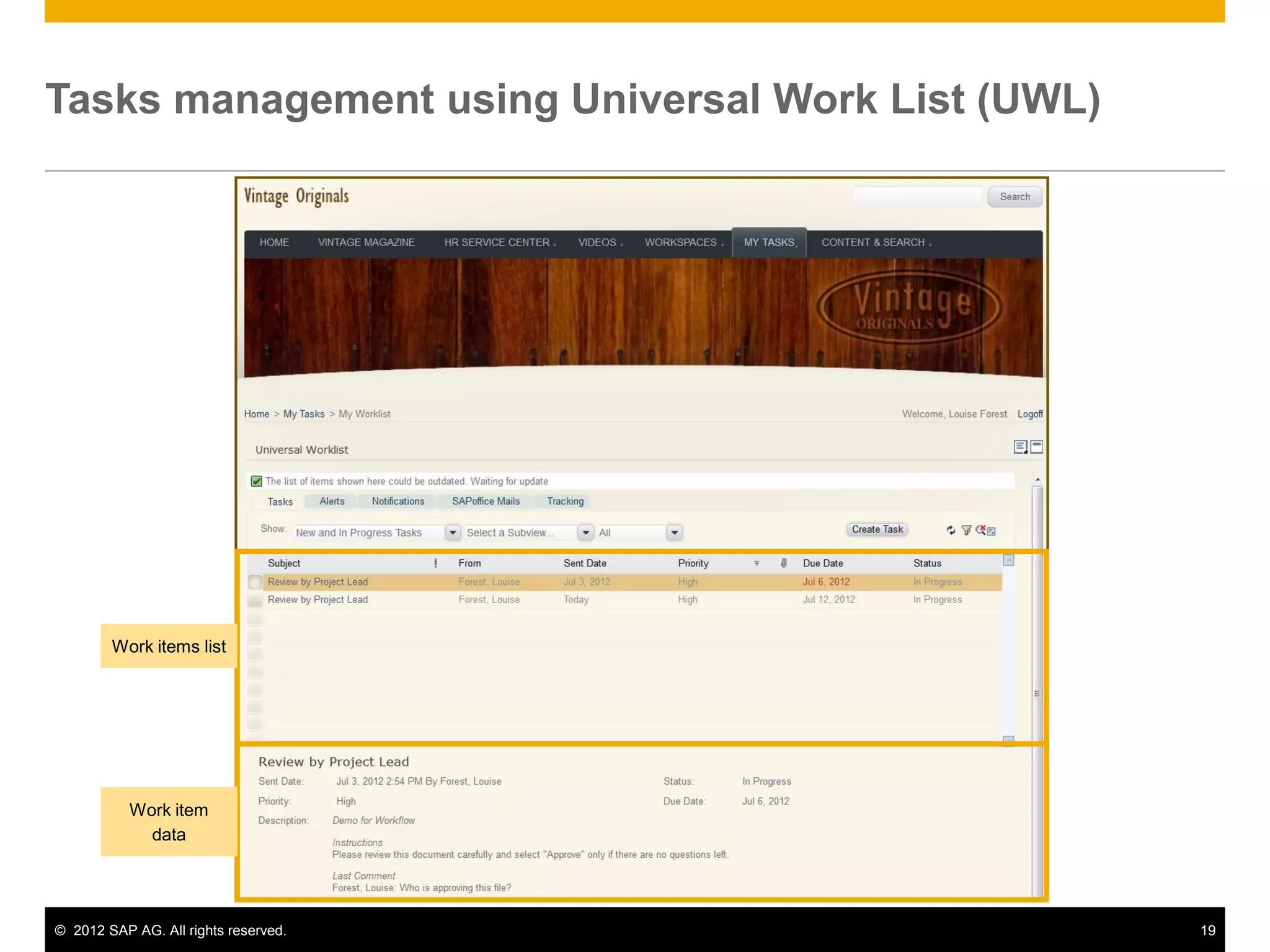 Tasks management using Universal Work List (UWL)




        Work items list




           Work item
             data




© 2012 SAP AG. All rights reserved.                19
 