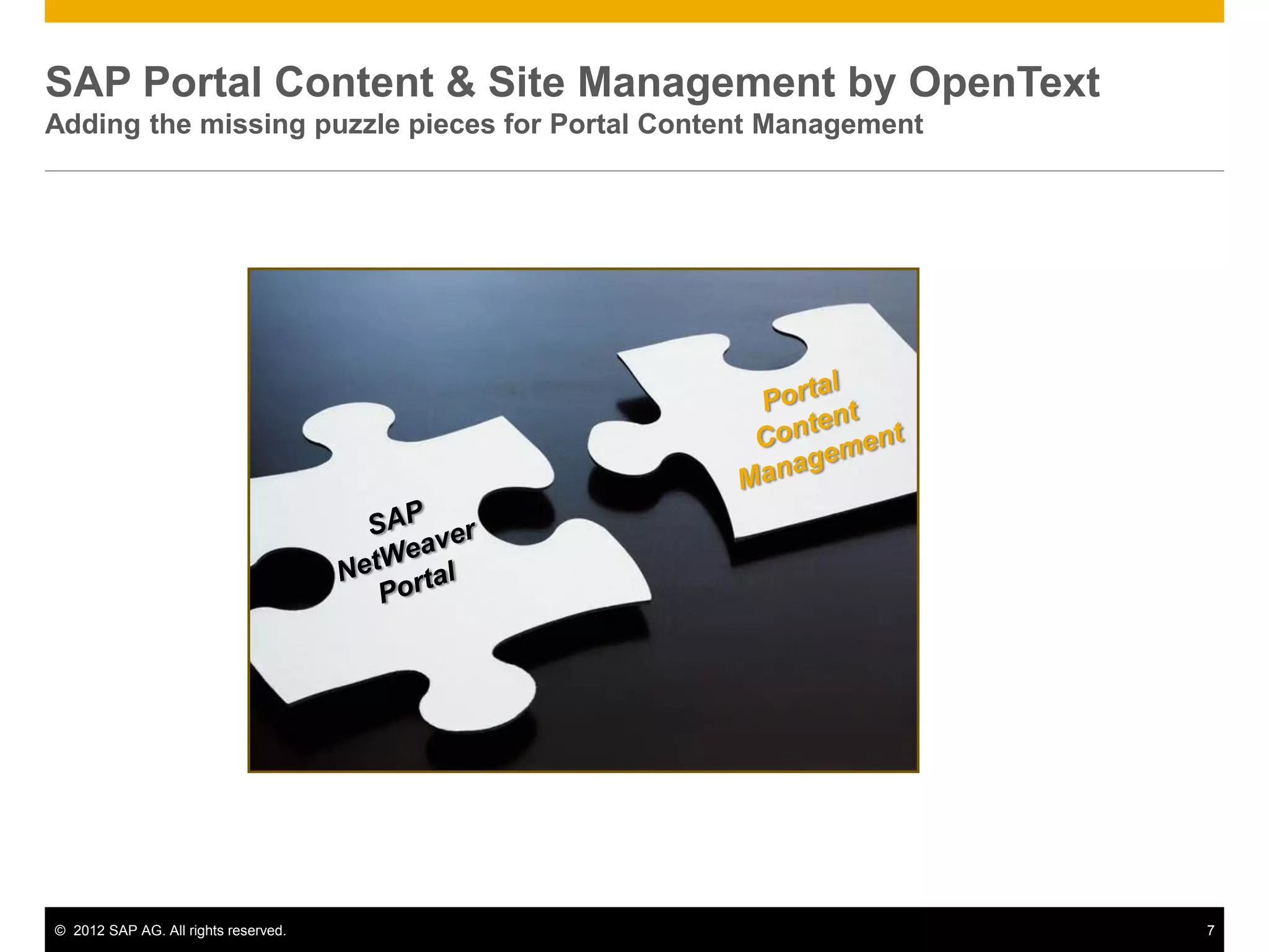 SAP Portal Content & Site Management by OpenText
Adding the missing puzzle pieces for Portal Content Management




© 2012 SAP AG. All rights reserved.                              7
 