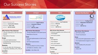TACON Al Hajeri Elixier
Nature of Business: EPC
Industry : Construction Industry
Employees : Over 2,500
System : SAP ECC and BI
Why Partner Was Selected
§ Strong credentials as SAP All-in-One
Partner
§ Reputation of Success
Scope
§ Full cycle Implementation
§ Comprehensive Business Process
Reengineering
Modules
§ FI, CO, SD, MM, HR, PS-Primevera
Integration, Workflow, EPC, ETM, BI
Location
§ Ethiopia
Nature of Business: Paper Products
Industry : Consumer Products
Employees : 900
System : SAP ECC, HCM
Why Partner Was Selected
§ Strong credentials as SAP HANA Partner
§ Reputation of Success
Scope
§ Full cycle Implementation of SAP for the
Group
§ SAP HCM Implementation
Modules
§ FI, CO, SD, MM, PP, CO-PA on HANA
§ SAP BOBJ BI , Workflow , HCM
Location – Abu Dhabi, UAE
Nature of Business: Gas Production
Industry : Oil & Gas
Employees : 150
System : SAP ECC 6.0
Why Partner Was Selected
§ Extensive capability across different SAP
Technologies
§ SAP PCOE Certified
Scope
§ SAP Migration
§ HCM Upgrade
§ SAP 3 year Support
§ SAP BI Implementation
Modules
§ FI, CO, ABAP
Location
§ Abu Dhabi, UAE
Sands Distribution
Nature of Business: Trading & Retail
Industry : Wholesale & Distribution
Employees :250
System : SAP ECC 6.0
Why Partner Was Selected
§ SAP PCOE Certified
§ Proven Track Record
Scope
§ End to End SAP Implementation with BI
§ Post Implementation Support on ECC 6
Modules
§ FICO, SD,MM,CO-PA, HR and BI
Location
§ Dubai, UAE
Our Success Stories
 