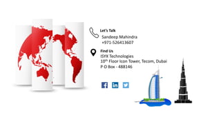 Let’s	Talk
Find	Us
ISYX	Technologies
Sandeep	Mahindra
+971-526413607
10th Floor	Icon	Tower,	Tecom,	Dubai
P	O	Box	- 488146
 