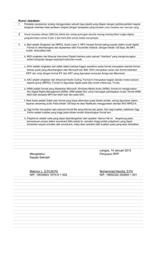 Kunci Jawaban:
1
bergerak melintasi head perekam magnet dengan kecepatan yang konstan untuk merekam dan memutar ulang
2 Sinyal masukan dikopi 1000 kali /detik dan setiap potongan akustik masing-masing diberi angka digital,
yang berisikan nomor 0 dan 1 dan hard disk untuk media menyimpan
3 a. Mp3 adalah Singkatan dari MPEG, Audio Layer 3, MP3 menjadi format paling populer dalam musik digital.
Format ini dikembangkan dan dipatenkan oleh Fraunhofer Institute. Dengan bitrate 128 kbps, file MP3
sudah berkualitas baik.
b. MIDI singkatan dari Musical Instrument Digital Interface yaitu sebuah "interface" yang menghubungkan
c. WAV adalah singkatan dari istilah dalam bahasa Inggris waveform audio format merupakan standar format
berkas audio yang dikembangkan oleh Microsoft dan IBM. WAV merupakan varian dari format bitstream
RIFF dan mirip dengan format IFF dan AIFF yang digunakan komputer Amiga dan Macintosh.
d. AAC adalah singkatan dari Advanced Audio Coding. Format ini merupakan bagian standar motion picture
experts group (MPEG). Format ini digunakan Apple pada toko musik online-nya, iTunes
e. WMA adalah format yang ditawarkan Microsoft, Windows Media Audio (WMA), format ini menggunakan
fitur Digital Rights Management (DRM). DRM adalah fitur untuk mencegah pembajakan musik, format WMA
lebih baik daripada MP3 dan lebih baik dari pada AAC.
f. Real Audio adalah Salah satu format yang biasa ditemukan pada bitrate rendah, sering digunakan dalam .
layanan streaming audio Pada bitrate 128 kbps ke atas RealAudio menggunakan standar AAC MPEG-4.
g. Ogg Vorbis merupakan satu-satunya format file yang terbuka dan gratis. Dari segi kualitas, kelebihan Ogg
Vorbis adalah kualitas yang tinggi pada bitrate rendah dibandingkan format lain.
h. Polyphonic adalah nada yang dapat diperdengarkan oleh speaker. Namun hal ini tergantung pada
kemampuan proses dalam soundcard Oleh sebab itu, semakin tinggi jumlah polyphonic yang dapat
dimainkan secara simultan oleh soundcard, maka akan semakin baik kualitas suara yang akan dihasilkan.
Langsa, 14 Januari 2013
Mengetahui: Penyusun RPP
Kepala Sekolah
Makmur L. S.Pd,M.Pd Muhammad Hendra, S.Pd
NIP. 19530803 197510 1 002 NIP. 19850322 200904 1 001
Peralatan perekaman analog menggunakan sebuah tape plastik yang dilapisi dengan partikel-partikel magnet
sistem komputer dengan keyboard instrumen musik.
 