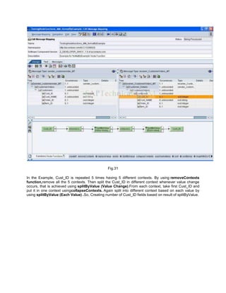 Fig.31
In the Example, Cust_ID is repeated 5 times having 5 different contexts. By using removeContexts
function,remove all the 5 contexts. Then split the Cust_ID in different context whenever value change
occurs, that is achieved using splitByValue (Value Change).From each context, take first Cust_ID and
put it in one context usingcollapseContexts. Again split into different context based on each value by
using splitByValue (Each Value) .So, Creating number of Cust_ID fields based on result of splitByValue.
 