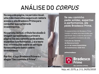 ANÁLISE DO CORPUS
Veja, ed. 2579, p. 2-3, 24/05/2018
Na segundapágina,na parcelavisual,
uma mão masculinasegura um tablete
acessao site Bradesco Primepara
consultar sua carteira de
investimentos.
Na parcela textual, o títulofaz alusão à
imagemapresentadana primeira
página(Se seu caminhopedesolidez,
expertisee performance...); e o texto
traz informaçõessobre os serviços
fornecidos pelo bancosobre
investimento.
Por fim, a logo Bradesco Primee o
slogan“Seu caminhoé Prime”.
 