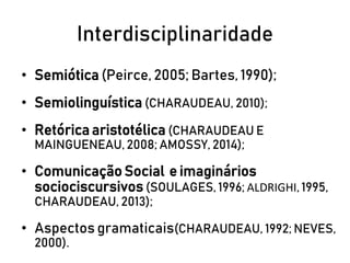 Interdisciplinaridade
• Semiótica (Peirce, 2005; Bartes, 1990);
• Semiolinguística (CHARAUDEAU, 2010);
• Retórica aristotélica (CHARAUDEAU E
MAINGUENEAU, 2008; AMOSSY, 2014);
• Comunicação Social e imaginários
sociociscursivos (SOULAGES, 1996; ALDRIGHI, 1995,
CHARAUDEAU, 2013);
• Aspectos gramaticais(CHARAUDEAU, 1992; NEVES,
2000).
 