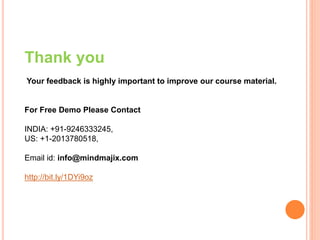 Thank you
Your feedback is highly important to improve our course material.
For Free Demo Please Contact
INDIA: +91-9246333245,
US: +1-2013780518,
Email id: info@mindmajix.com
http://bit.ly/1DYi9oz
 
