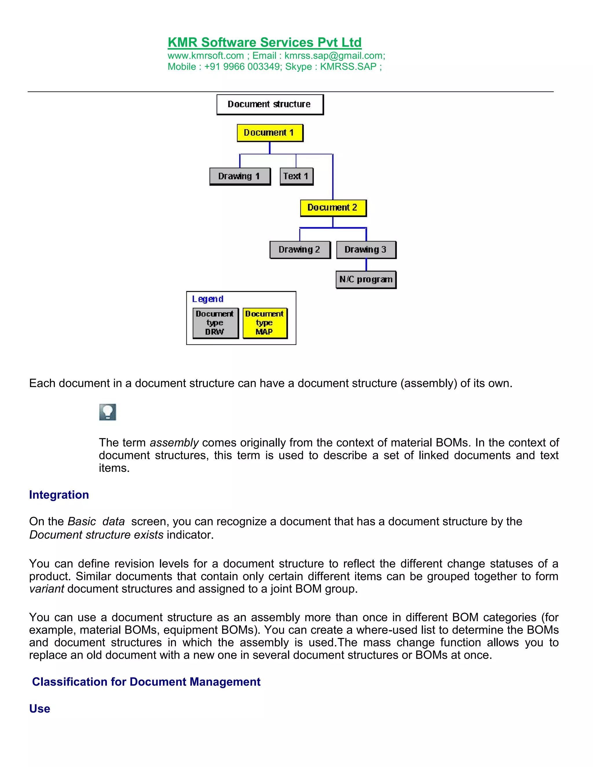 KMR Software Services Pvt Ltd
www.kmrsoft.com ; Email : kmrss.sap@gmail.com;
Mobile : +91 9966 003349; Skype : KMRSS.SAP ;

Each document in a document structure can have a document structure (assembly) of its own.

The term assembly comes originally from the context of material BOMs. In the context of
document structures, this term is used to describe a set of linked documents and text
items.
Integration
On the Basic data screen, you can recognize a document that has a document structure by the
Document structure exists indicator.
You can define revision levels for a document structure to reflect the different change statuses of a
product. Similar documents that contain only certain different items can be grouped together to form
variant document structures and assigned to a joint BOM group.
You can use a document structure as an assembly more than once in different BOM categories (for
example, material BOMs, equipment BOMs). You can create a where-used list to determine the BOMs
and document structures in which the assembly is used.The mass change function allows you to
replace an old document with a new one in several document structures or BOMs at once.
Classification for Document Management
Use

 