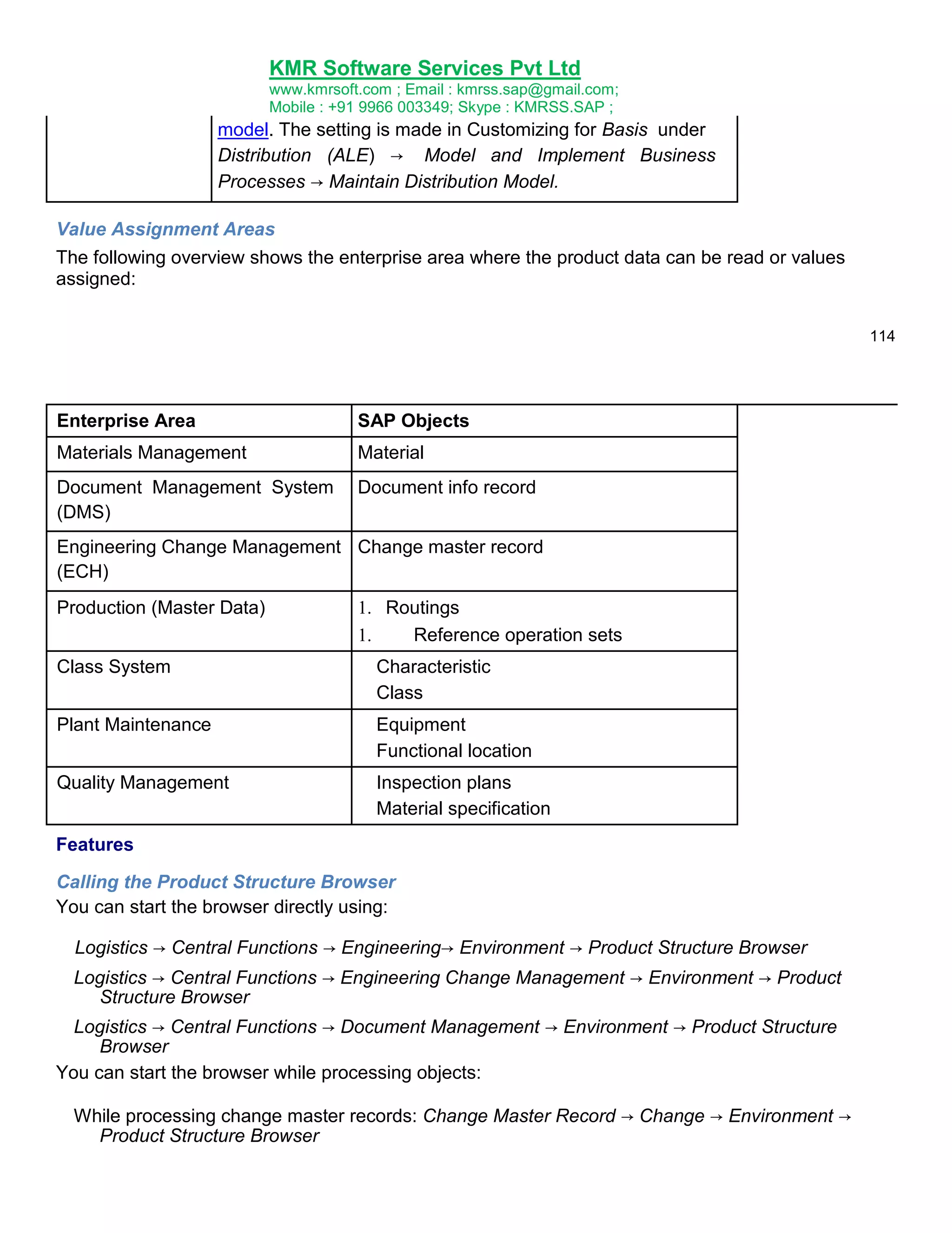 KMR Software Services Pvt Ltd
www.kmrsoft.com ; Email : kmrss.sap@gmail.com;
Mobile : +91 9966 003349; Skype : KMRSS.SAP ;

model. The setting is made in Customizing for Basis under
Distribution (ALE) → Model and Implement Business
Processes → Maintain Distribution Model.
Value Assignment Areas
The following overview shows the enterprise area where the product data can be read or values
assigned:
114

Enterprise Area

SAP Objects

Materials Management

Material

Document Management System
(DMS)

Document info record

Engineering Change Management Change master record
(ECH)
Production (Master Data)

 Routings

Reference operation sets

Class System

Characteristic
Class

Plant Maintenance

Equipment
Functional location

Quality Management

Inspection plans
Material specification

Features
Calling the Product Structure Browser
You can start the browser directly using:
Logistics → Central Functions → Engineering→ Environment → Product Structure Browser
Logistics → Central Functions → Engineering Change Management → Environment → Product
Structure Browser
Logistics → Central Functions → Document Management → Environment → Product Structure
Browser
You can start the browser while processing objects:
While processing change master records: Change Master Record → Change → Environment →
Product Structure Browser

 