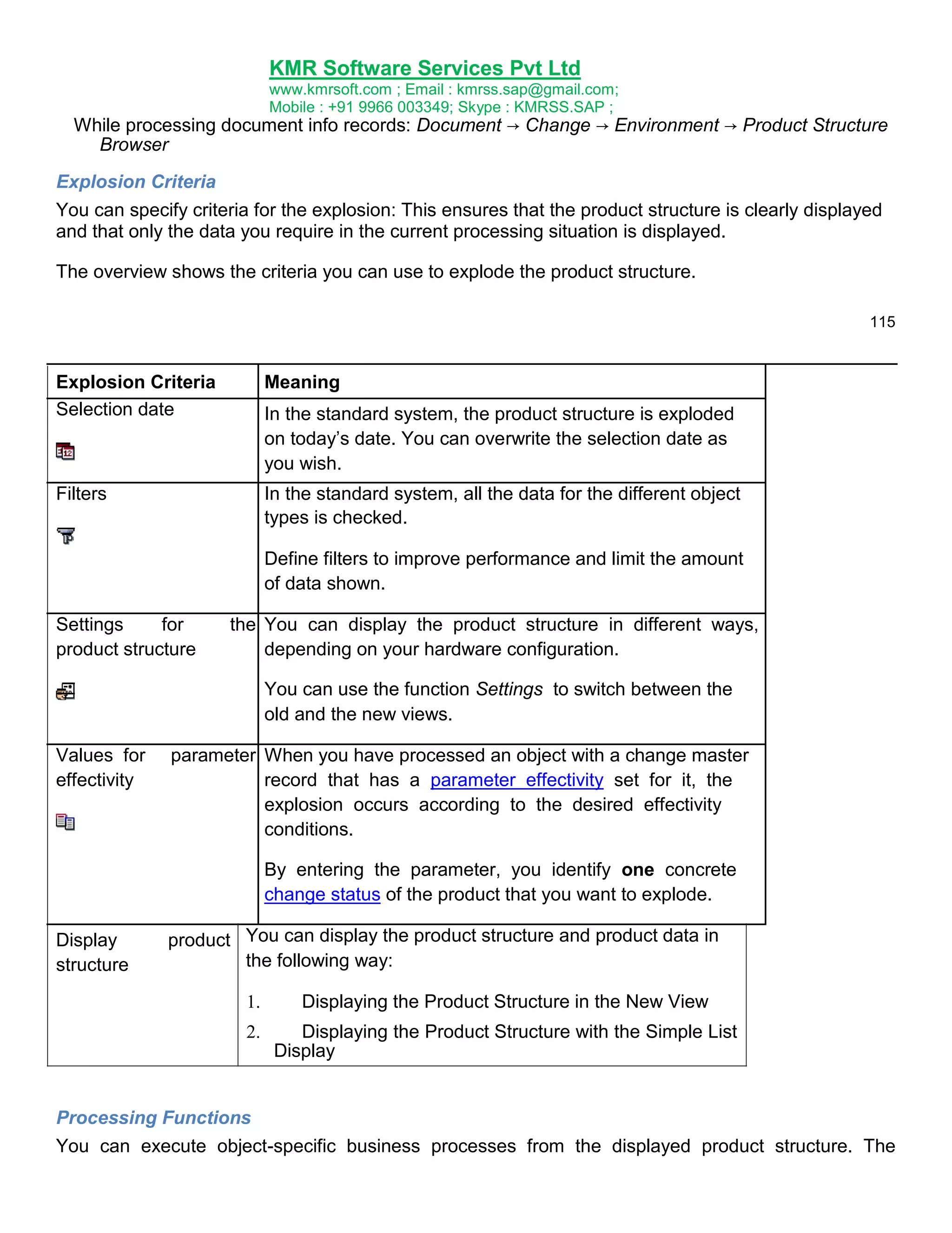 KMR Software Services Pvt Ltd
www.kmrsoft.com ; Email : kmrss.sap@gmail.com;
Mobile : +91 9966 003349; Skype : KMRSS.SAP ;

While processing document info records: Document → Change → Environment → Product Structure
Browser
Explosion Criteria
You can specify criteria for the explosion: This ensures that the product structure is clearly displayed
and that only the data you require in the current processing situation is displayed.
The overview shows the criteria you can use to explode the product structure.
115

Explosion Criteria
Selection date

Meaning

Filters

In the standard system, all the data for the different object
types is checked.

In the standard system, the product structure is exploded
on today‟s date. You can overwrite the selection date as
you wish.

Define filters to improve performance and limit the amount
of data shown.
Settings
for
product structure

the You can display the product structure in different ways,
depending on your hardware configuration.
You can use the function Settings to switch between the
old and the new views.

Values for
effectivity

parameter When you have processed an object with a change master
record that has a parameter effectivity set for it, the
explosion occurs according to the desired effectivity
conditions.
By entering the parameter, you identify one concrete
change status of the product that you want to explode.

Display
structure


product You can display the product structure and product data in
the following way:


Displaying the Product Structure in the New View 



Displaying the Product Structure with the Simple List
Display 

Processing Functions
You can execute object-specific business processes from the displayed product structure. The

 