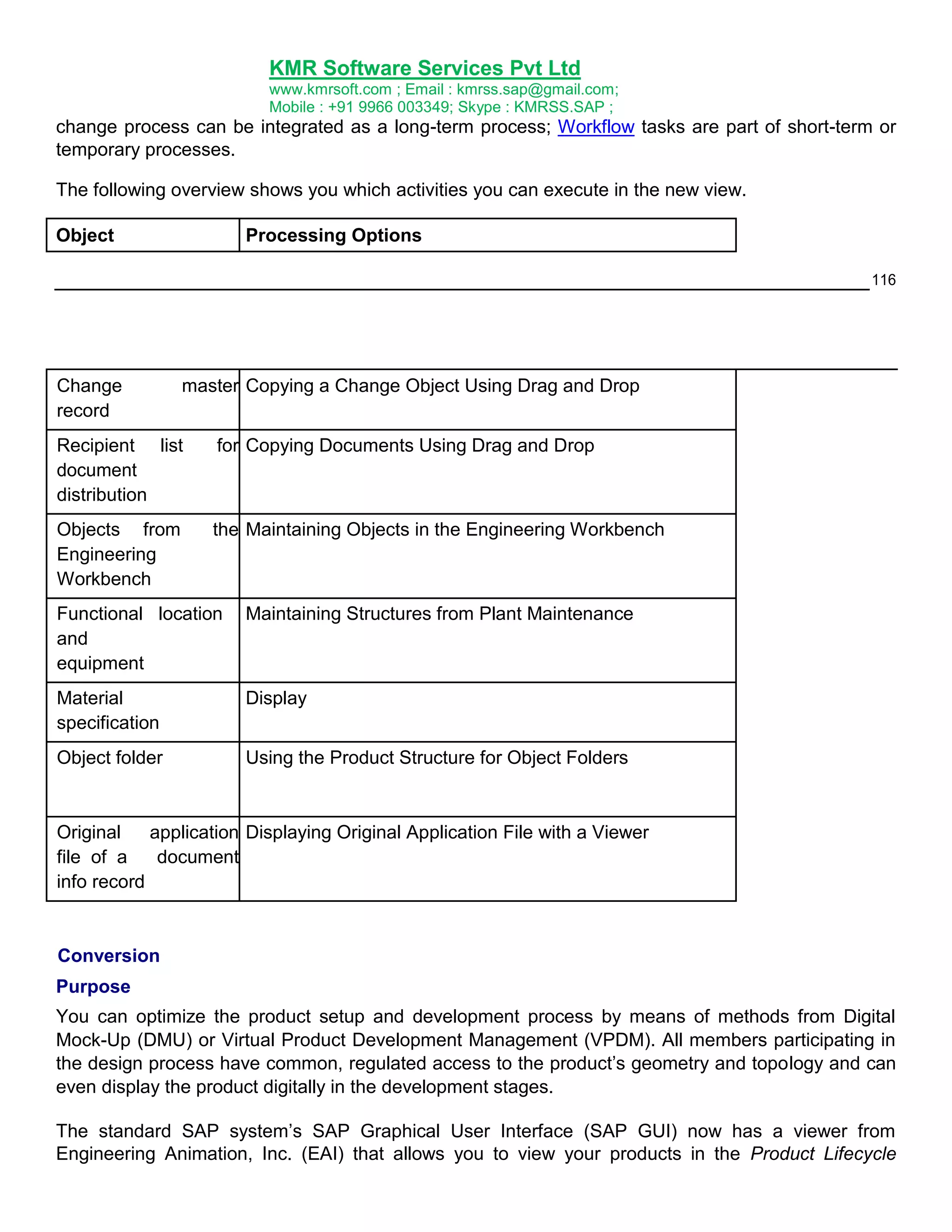 KMR Software Services Pvt Ltd
www.kmrsoft.com ; Email : kmrss.sap@gmail.com;
Mobile : +91 9966 003349; Skype : KMRSS.SAP ;

change process can be integrated as a long-term process; Workflow tasks are part of short-term or
temporary processes.
The following overview shows you which activities you can execute in the new view.
Object

Processing Options
116

Change
record

master Copying a Change Object Using Drag and Drop

Recipient list
document
distribution

for Copying Documents Using Drag and Drop

Objects from
Engineering
Workbench

the Maintaining Objects in the Engineering Workbench

Functional location
and
equipment

Maintaining Structures from Plant Maintenance

Material
specification

Display

Object folder

Using the Product Structure for Object Folders

Original
application Displaying Original Application File with a Viewer
file of a
document
info record

Conversion
Purpose
You can optimize the product setup and development process by means of methods from Digital
Mock-Up (DMU) or Virtual Product Development Management (VPDM). All members participating in
the design process have common, regulated access to the product‟s geometry and topology and can
even display the product digitally in the development stages.
The standard SAP system‟s SAP Graphical User Interface (SAP GUI) now has a viewer from
Engineering Animation, Inc. (EAI) that allows you to view your products in the Product Lifecycle

 