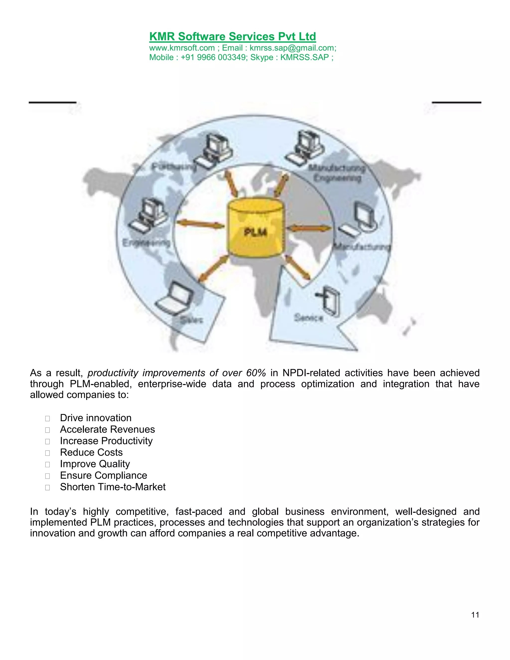 KMR Software Services Pvt Ltd
www.kmrsoft.com ; Email : kmrss.sap@gmail.com;
Mobile : +91 9966 003349; Skype : KMRSS.SAP ;

As a result, productivity improvements of over 60% in NPDI-related activities have been achieved
through PLM-enabled, enterprise-wide data and process optimization and integration that have
allowed companies to:








Drive innovation 
Accelerate Revenues 
Increase Productivity 
Reduce Costs 
Improve Quality 
Ensure Compliance 
Shorten Time-to-Market 

In today‟s highly competitive, fast-paced and global business environment, well-designed and
implemented PLM practices, processes and technologies that support an organization‟s strategies for
innovation and growth can afford companies a real competitive advantage.

11

 