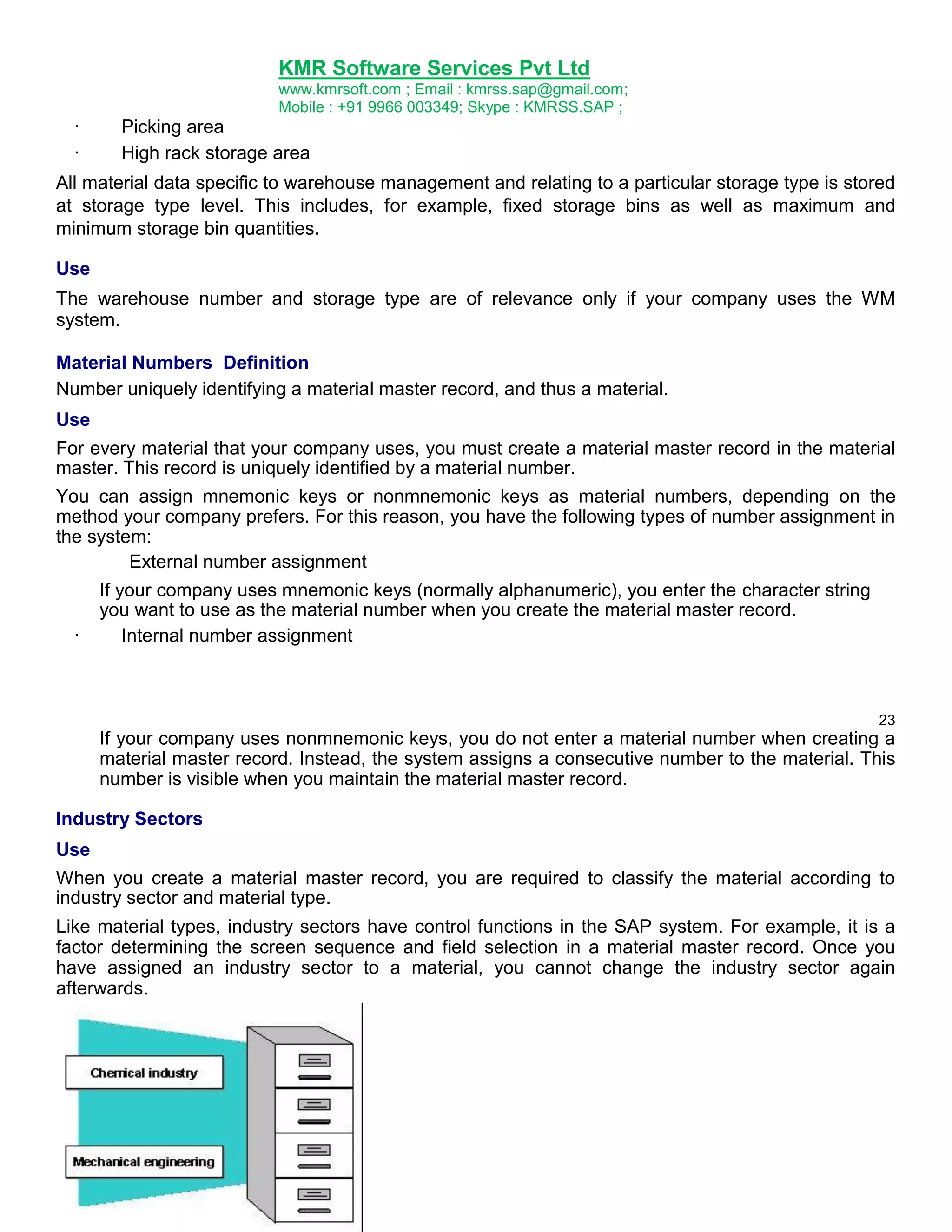 KMR Software Services Pvt Ltd
www.kmrsoft.com ; Email : kmrss.sap@gmail.com;
Mobile : +91 9966 003349; Skype : KMRSS.SAP ;

·
·

Picking area
High rack storage area

All material data specific to warehouse management and relating to a particular storage type is stored
at storage type level. This includes, for example, fixed storage bins as well as maximum and
minimum storage bin quantities.
Use
The warehouse number and storage type are of relevance only if your company uses the WM
system.
Material Numbers Definition
Number uniquely identifying a material master record, and thus a material.
Use
For every material that your company uses, you must create a material master record in the material
master. This record is uniquely identified by a material number.
You can assign mnemonic keys or nonmnemonic keys as material numbers, depending on the
method your company prefers. For this reason, you have the following types of number assignment in
the system:
External number assignment

·

If your company uses mnemonic keys (normally alphanumeric), you enter the character string
you want to use as the material number when you create the material master record.
Internal number assignment

23

If your company uses nonmnemonic keys, you do not enter a material number when creating a
material master record. Instead, the system assigns a consecutive number to the material. This
number is visible when you maintain the material master record.
Industry Sectors
Use
When you create a material master record, you are required to classify the material according to
industry sector and material type.
Like material types, industry sectors have control functions in the SAP system. For example, it is a
factor determining the screen sequence and field selection in a material master record. Once you
have assigned an industry sector to a material, you cannot change the industry sector again
afterwards.

 